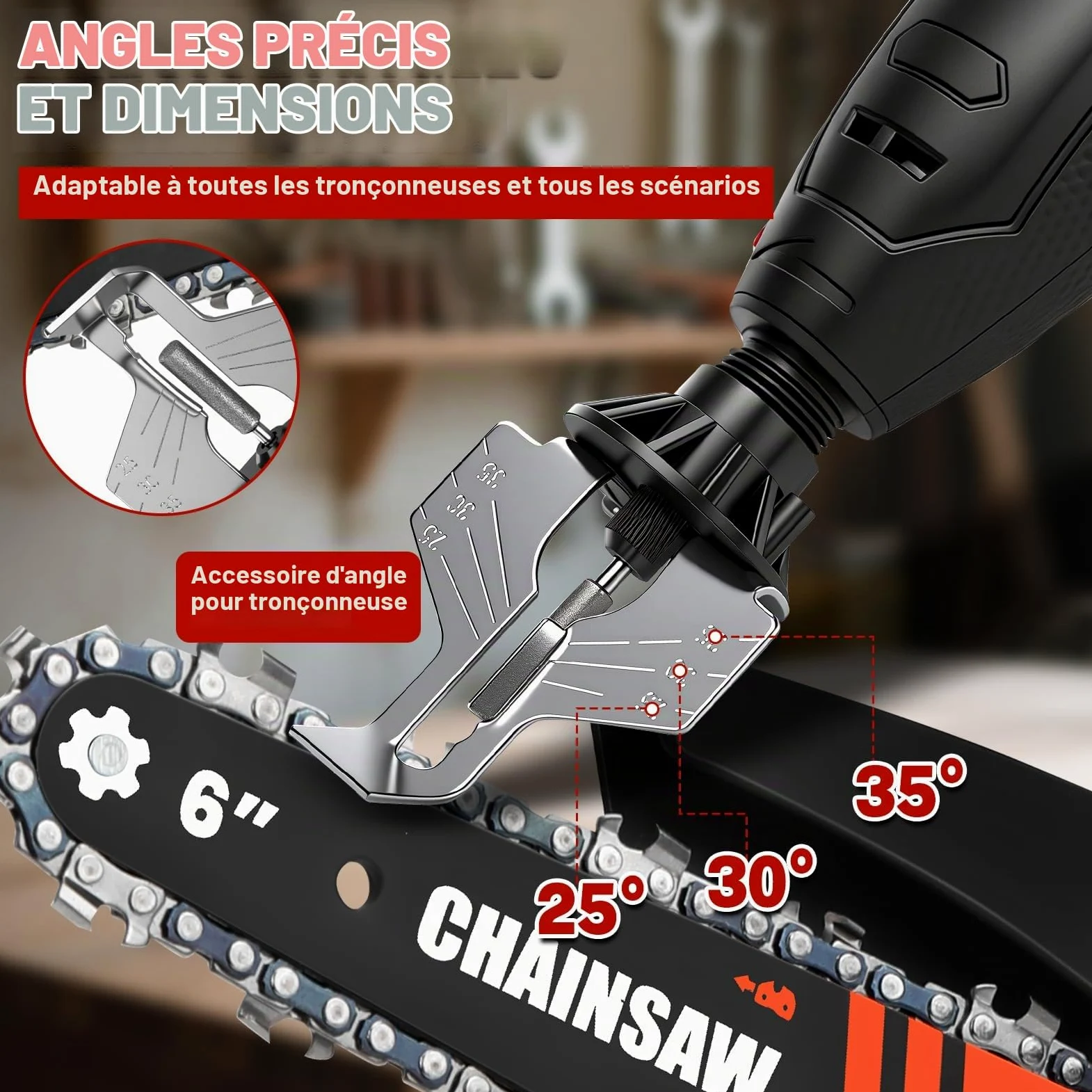 Kit affûtage électrique pour tronçonneuse avec batterie 1300 mAh | Affûteur de tronçonneuse sans fil, 9 têtes, tête brosse alliage, guide d'angle, Mini meuleuse électrique portable