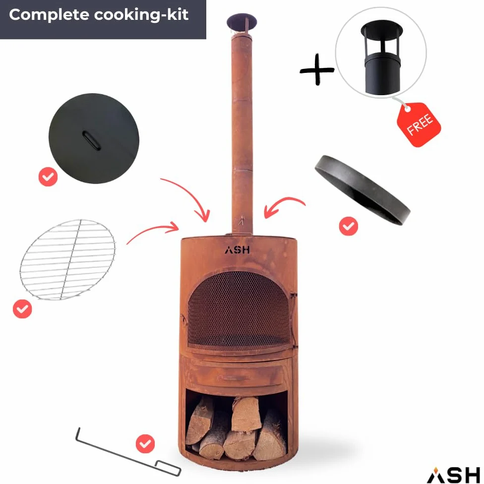 Foyer de terrasse - Poêle à bois - Barbecue - Chauffage de terrasse - Cheminée de jardin avec cheminée - Acier Corten - Ash Sunset