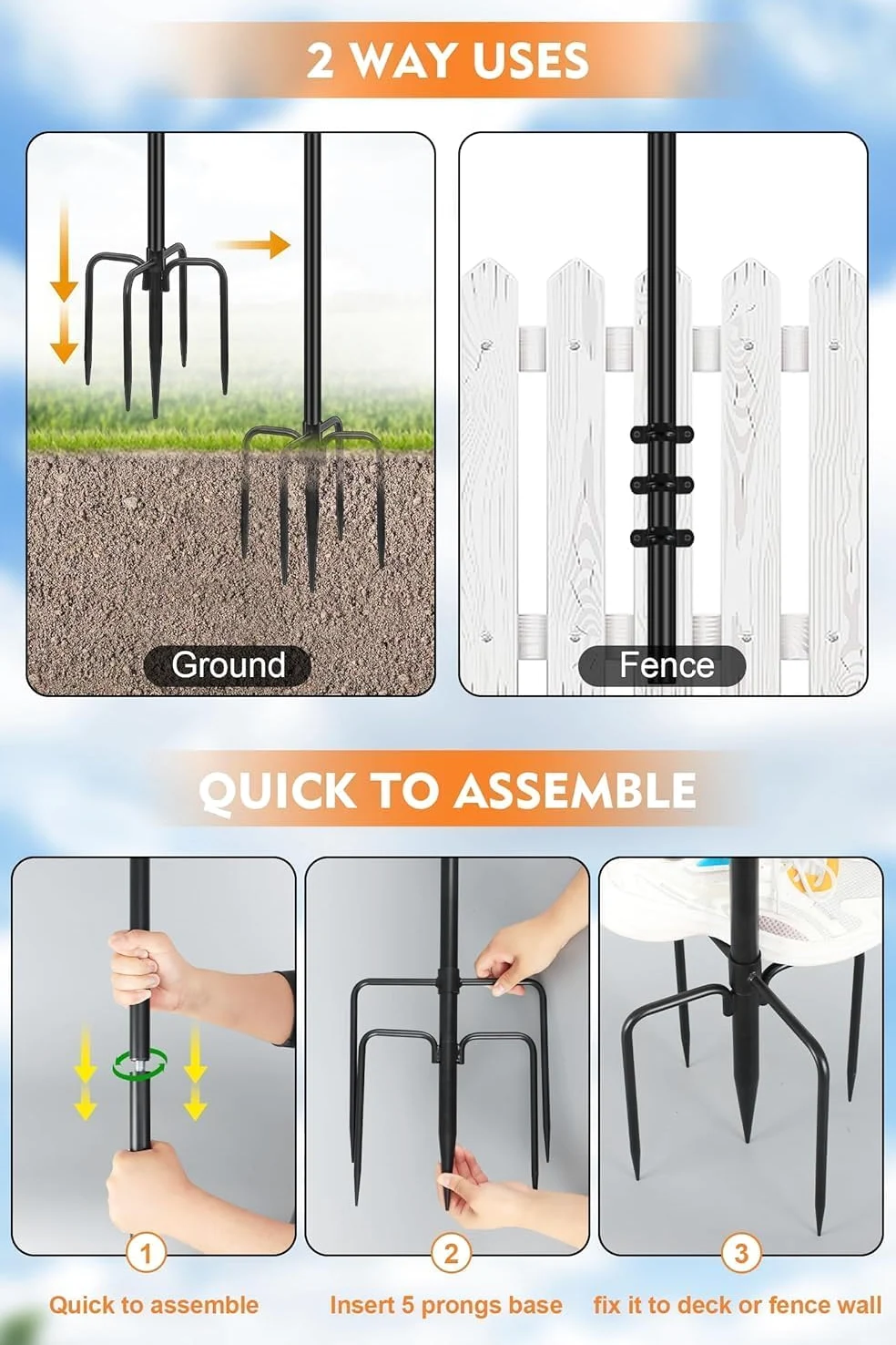 HoldOneLight Poteau pour guirlande lumineuse pour terrasse - Lot de 2 unités - 2,99 m en acier résistant - Support pour suspendre des lumières extérieures, jardin, cour, arrière, idéal pour fêtes