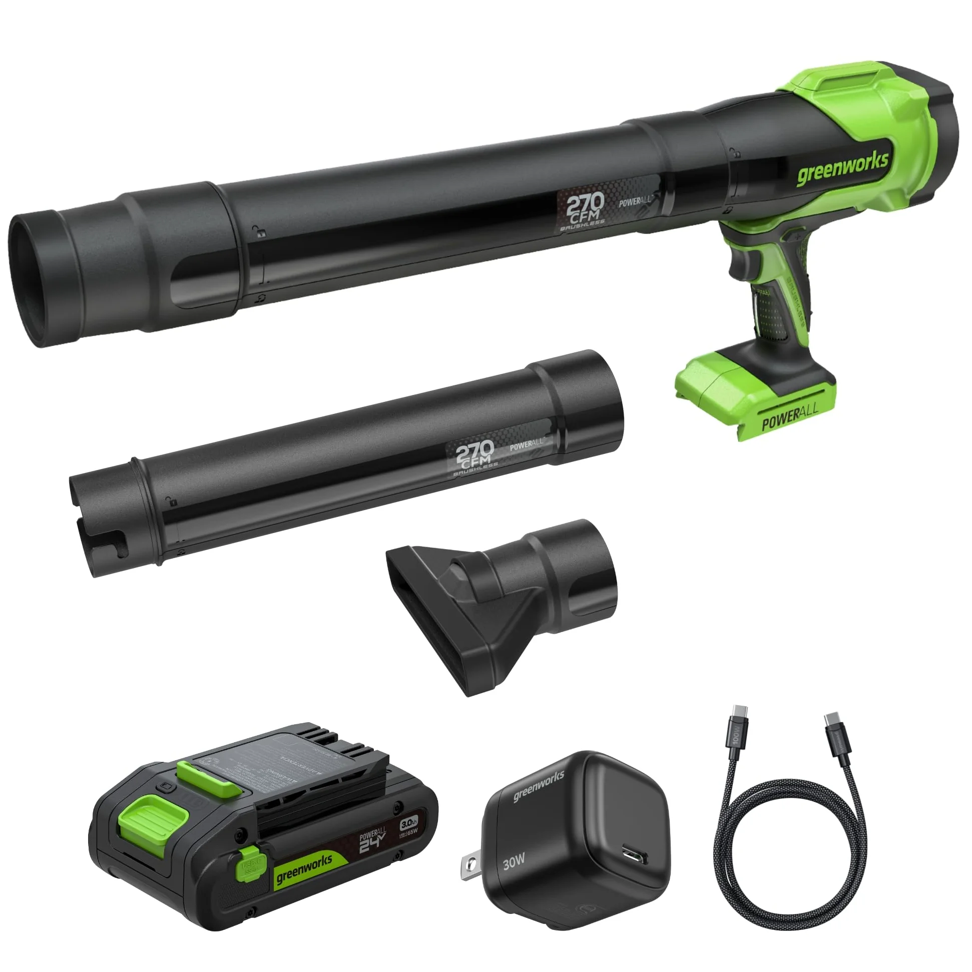 Greenworks 24V Souffleur sans Fil avec Batterie 4Ah & Chargeur Rapide 65W PD, 209km/h 7,65m³/Min Souffleur Électrique Puissant pour Jardin, Terrasse & Voiture, Vitesse Variable BL1002HA1