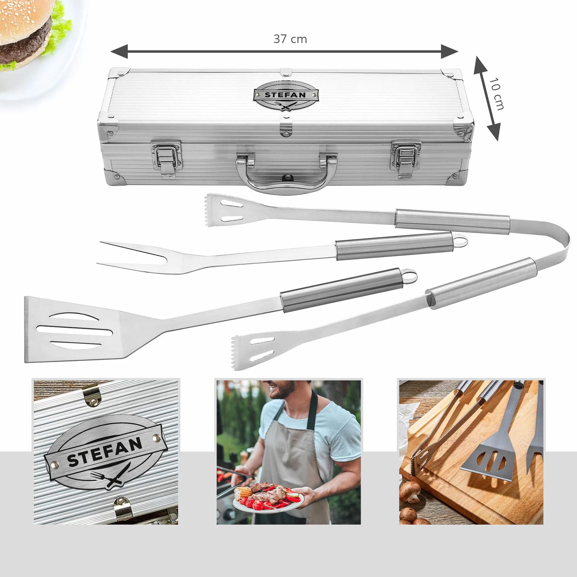 Casa Vivente Coffret d'Ustensiles pour Grillades, Fourchette, Pince, Spatule, Gravure Personnalisée, 37x10x8,5 cm