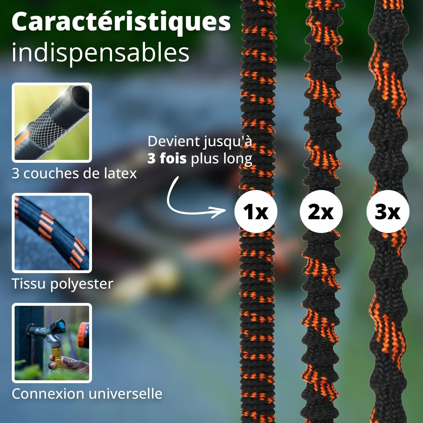 FlinQ Tuyau d'Arrosage Flexible 30 m - Noir/Orange | Extensible avec tête de pulvérisation et support | Sans nœuds | Sac de rangement inclus