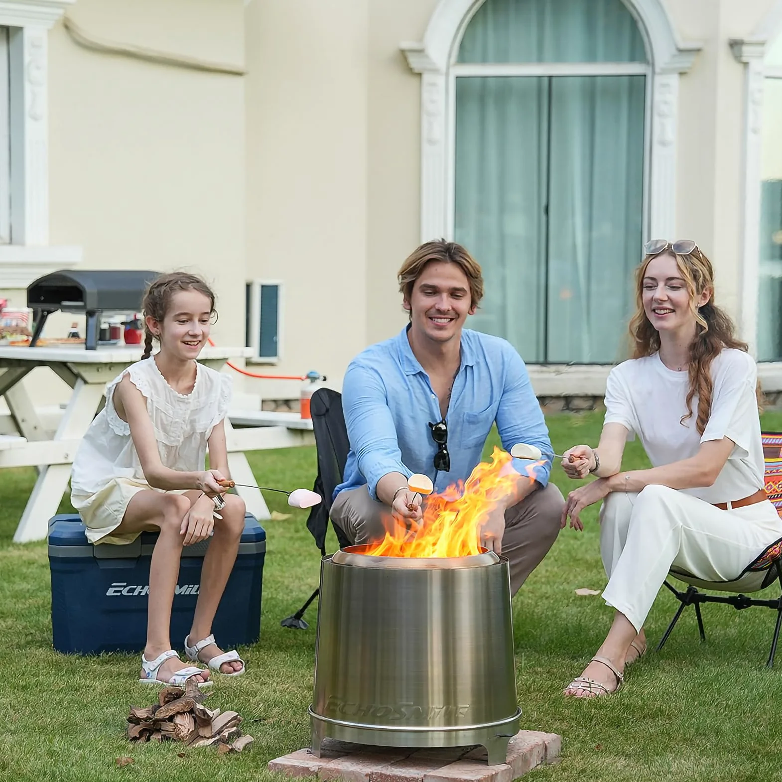 EchoSmile Brasero Exterieur 46cm avec Triple Combustion et Flux d'air Réglable, Foyers Portable de sans émission de Fumée, Bac à Cendres Amovible, Acier INOX, pour Jardin, la Cour, Patio et Plage