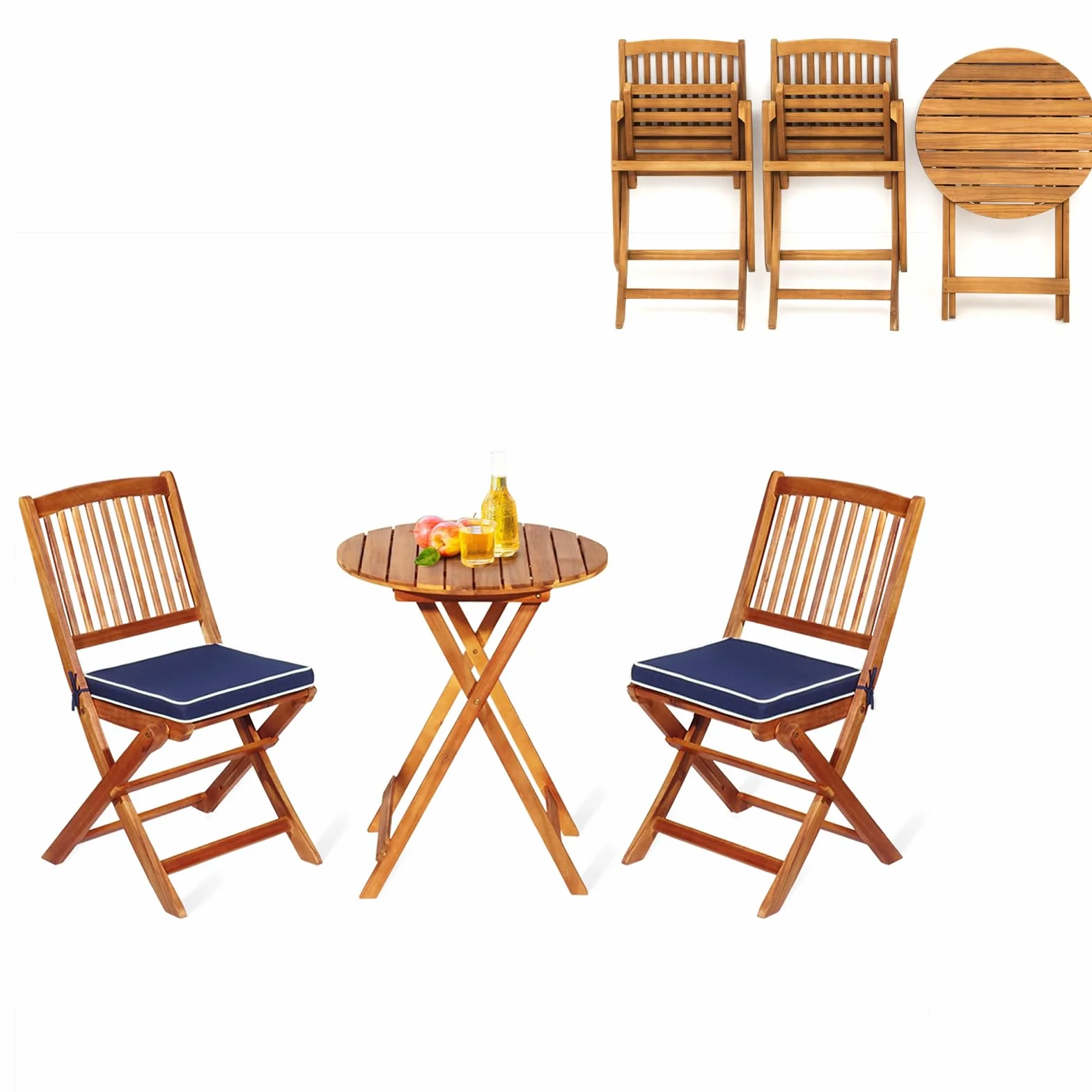 Salon de Jardin en Bois d'Acacia 2 Personnes, Ensemble de Meubles Pliables 3 Pièces (Coussins Bleu foncé)