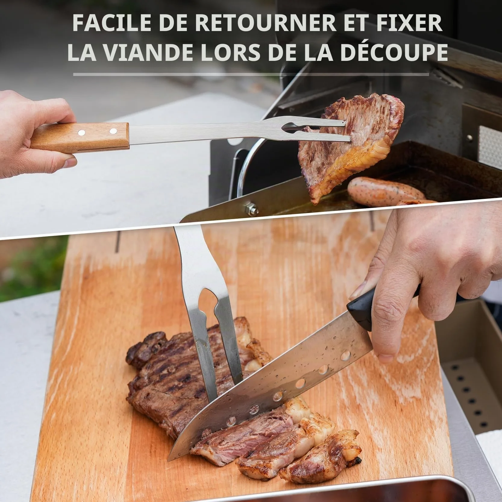 Onlyfire Set de Ustensiles pour Barbecue en Acier Inoxydable, 4 Pièces avec Poignées en Bois