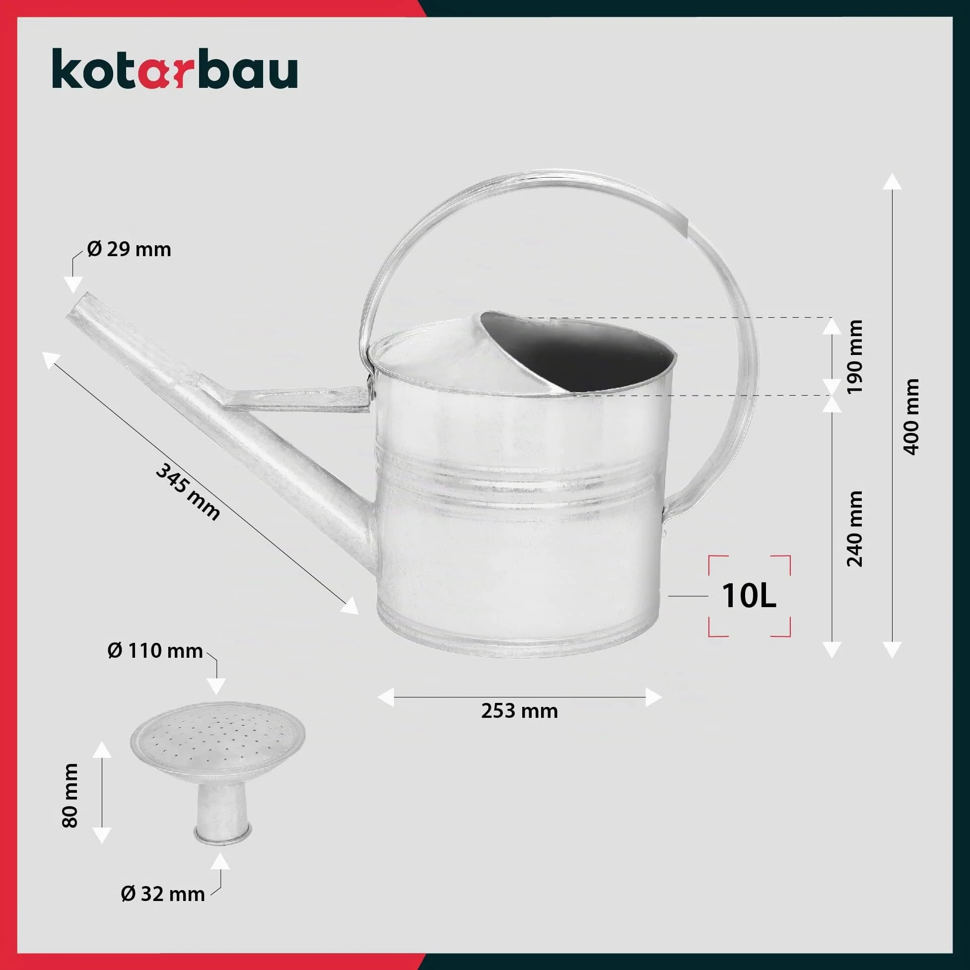 KOTARBAU® Arrosoir Plante Interieur - 10 L - Arrosoir Jardin - avec Pomme Amovible - Argenté - pour Terrasse - Balcon