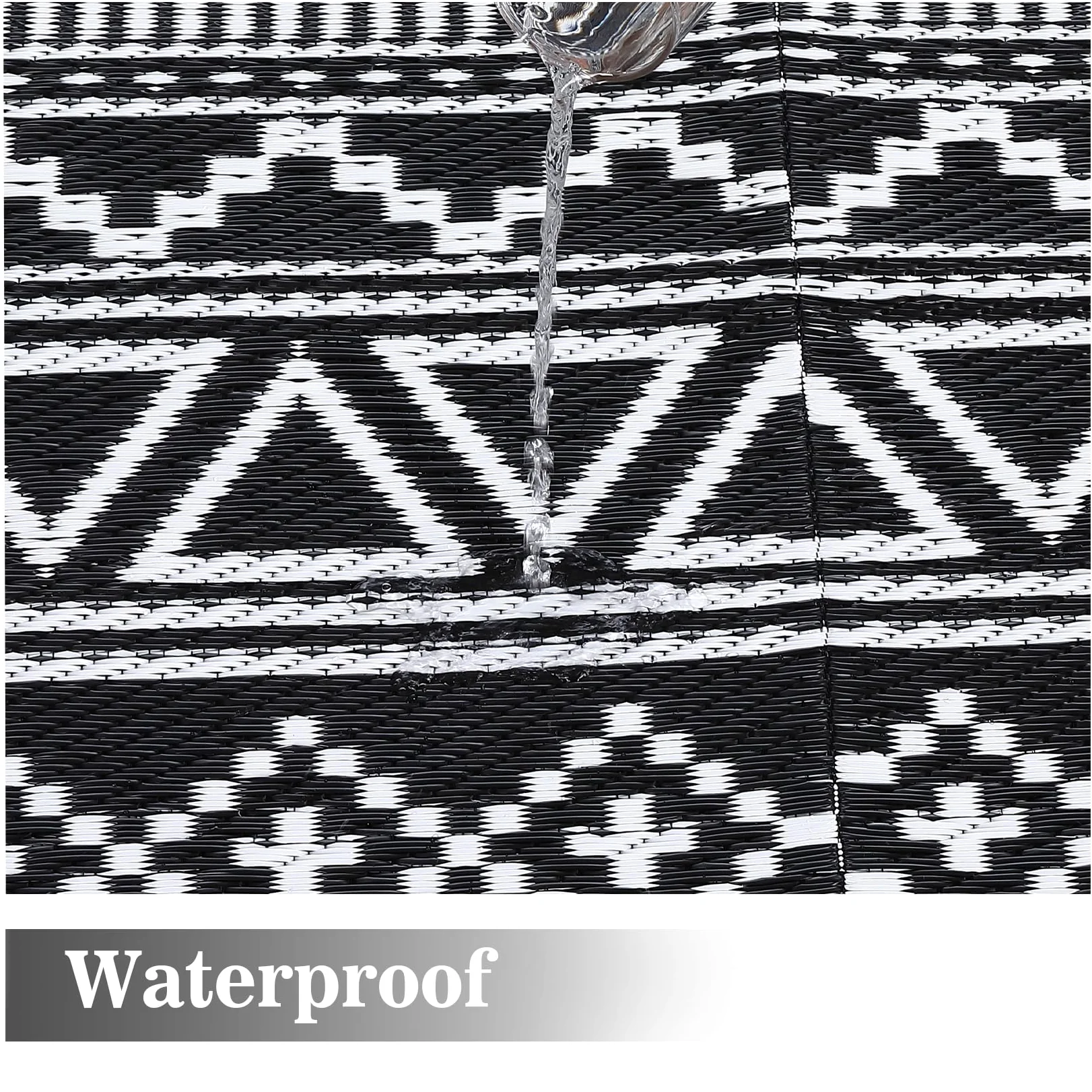 Tapis d'extérieur réversible imperméable pour terrasse 240 x 300 cm | Tapis d'extérieur léger et pliable en paille en plastique pour camping-car, porche, balcon, jardin, pique-nique, noir/blanc