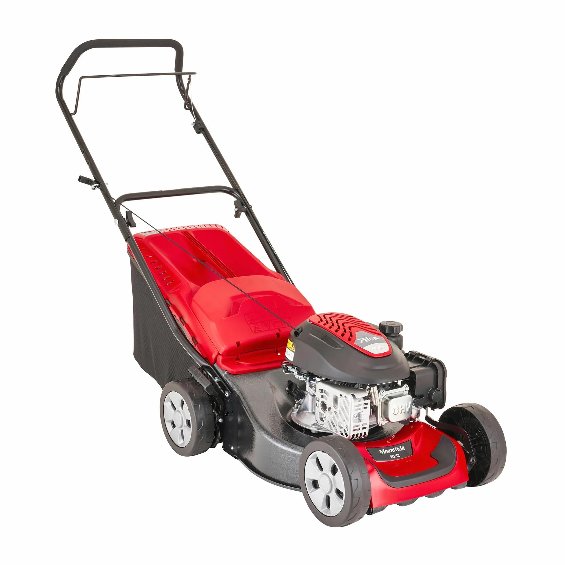 Mountfield Tondeuse HP42, 41 cm – Essence 123 cm³, Bac 60 l – Poignées Pliables, Réglage 6 Positions – Pelouses Jusqu'À 300 m²