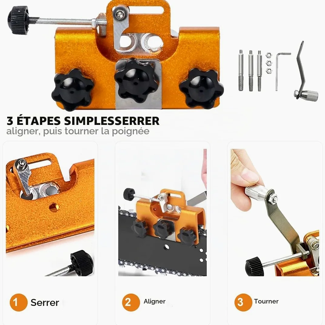 Affûteur Chaîne Tronçonneuse à Manivelle, Affûteuse Portable avec 3 Pierres 4/5/6 mm, Guide d'Angle, Kit d'Affûtage Manuel pour Tronçonneuse