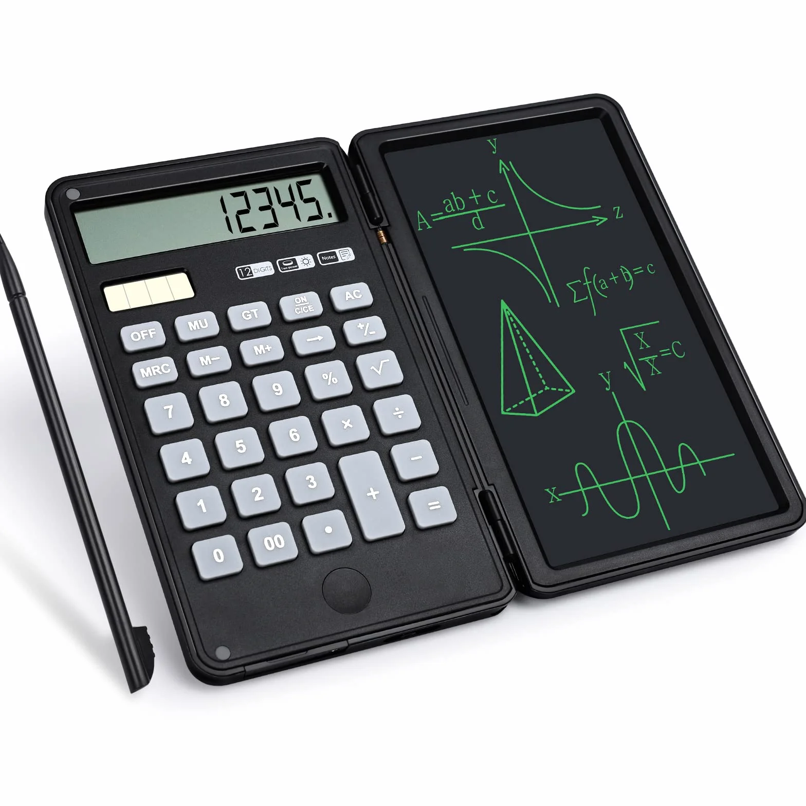 Tablette d'écriture LCD Effaçable Calculatrice Bureau 12 Chiffres Solaire Batterie Double Alimentation Poche Noir