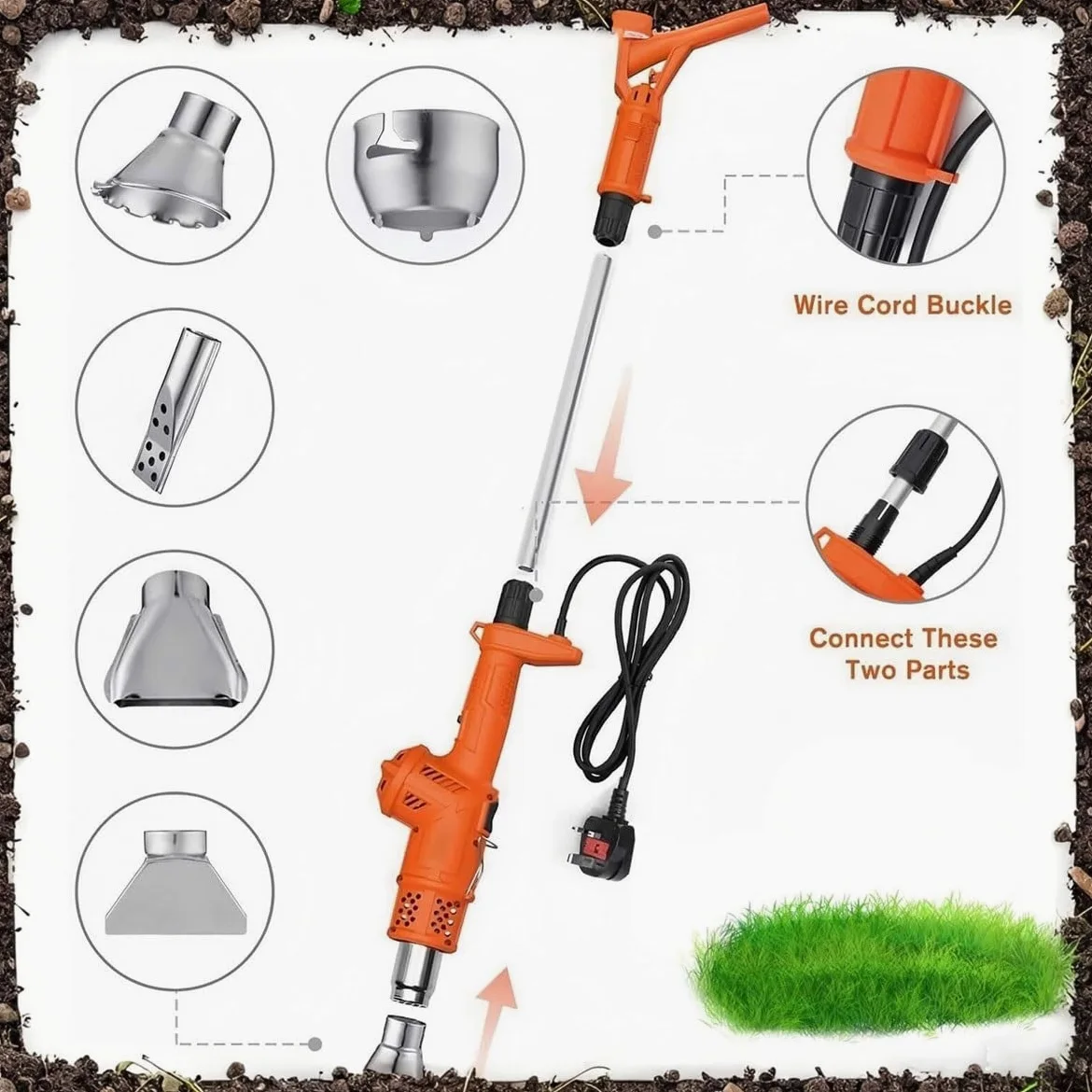 Désherbeur électrique 3 en 1,Pistolet à air Chaud, désherbant électrique,bâton de désherbage Thermique avec 5 Buses,désherbeur Thermique 650°C et Allume-feu for Barbecue(Orange)