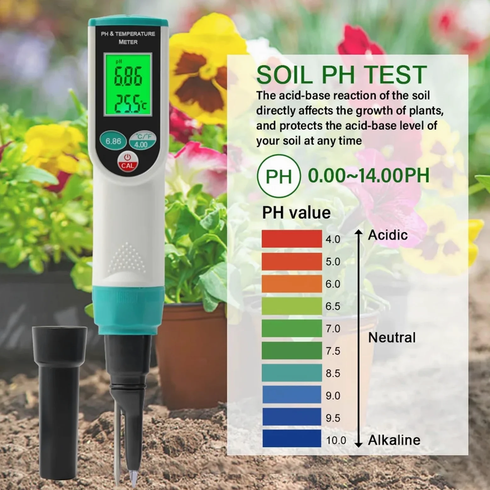 Testeur numérique de PH du Sol, précision 0.00~14.00pH, testeur d'acidité, analyseur capteur for Plantation en Plein air, Jardin et Terres agricoles Jardinage, Agriculture