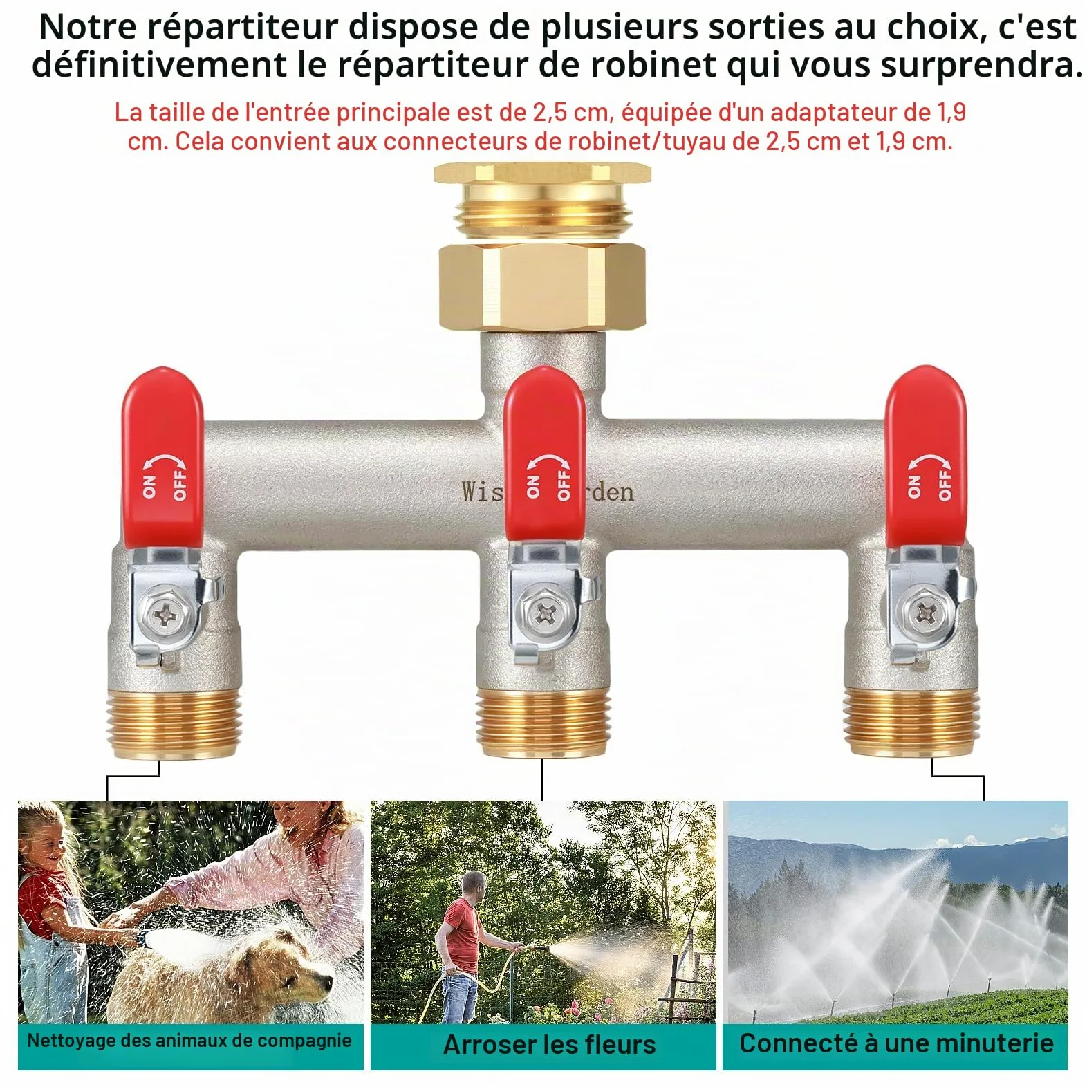 Distributeur 3 Voies, Vanne à 3 Voies d'Eau pour Robinet avec Filetage de 1 Pouce, Poignée Allongée Rouge, Laiton Robuste et Durable, avec Adaptateur 3/4 Pouce