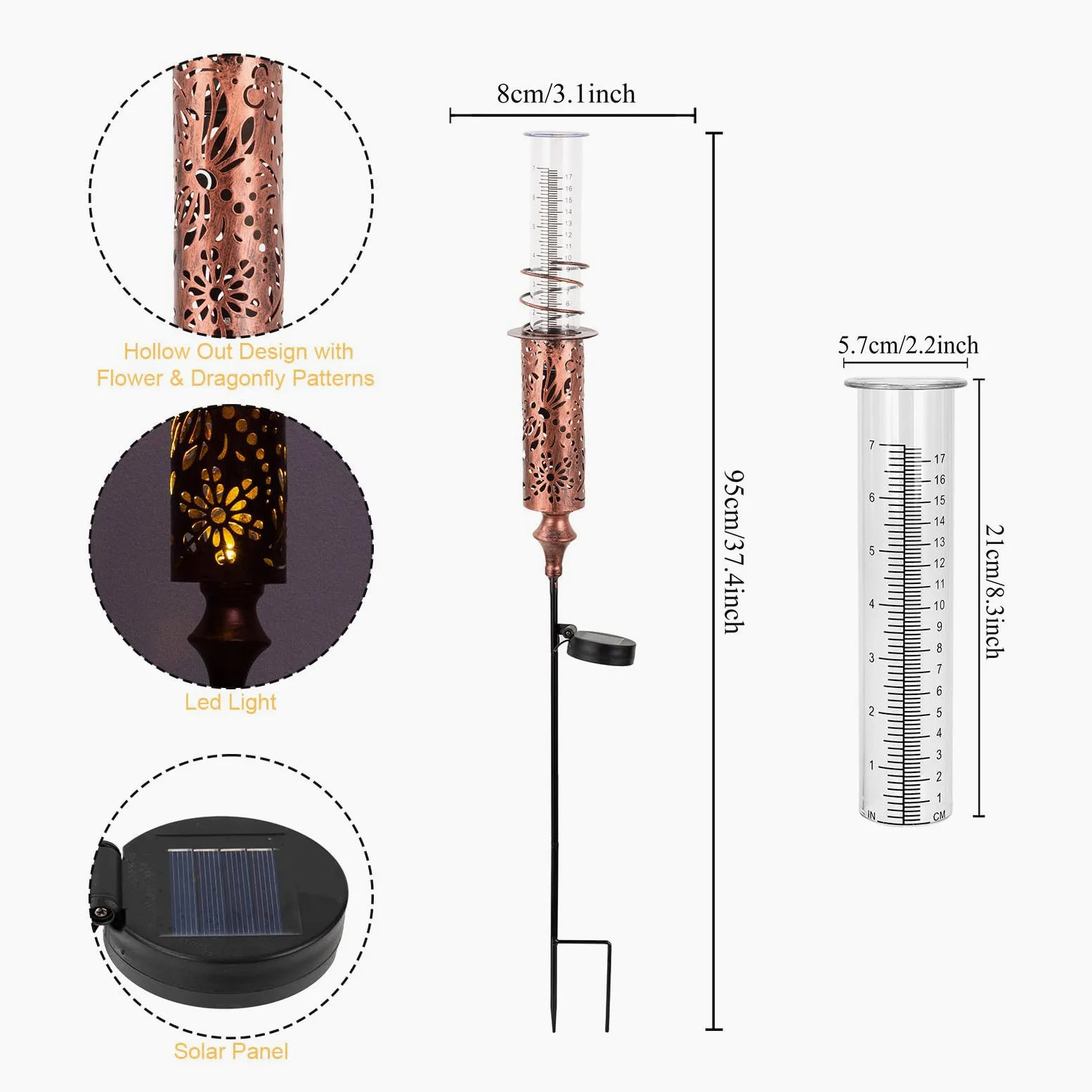 Pluviomètre d'extérieur solaire pour cour, jauge de pluie anti-gel avec tube en plastique de 17,8 cm, piquet décoratif de jardin en cuivre avec lumière LED