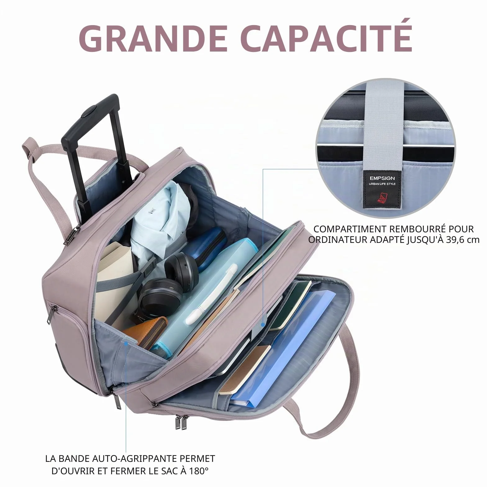 EMPSIGN Sacoche à roulettes pour Ordinateur Portable 15,6 Pouces Imperméable Trolley avec Poches RFID, Rose