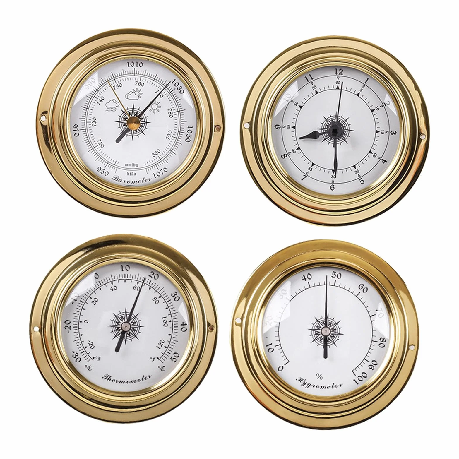 rockible Thermomètre et Hygromètre, Baromètre, Horloge, Stations Météorologiques, Dia 98mm, Instruments de Voile pour Bateau, Yacht, Atelier, Marine, 4 Pièces