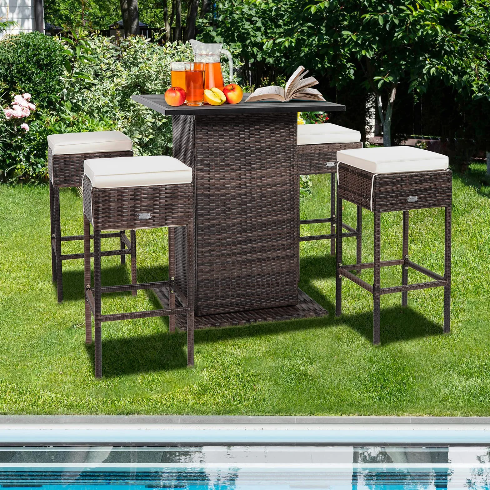 GIANTEX Ensemble de bar extérieur en rotin 5 pièces, table et 4 tabourets hauts avec coussins amovibles