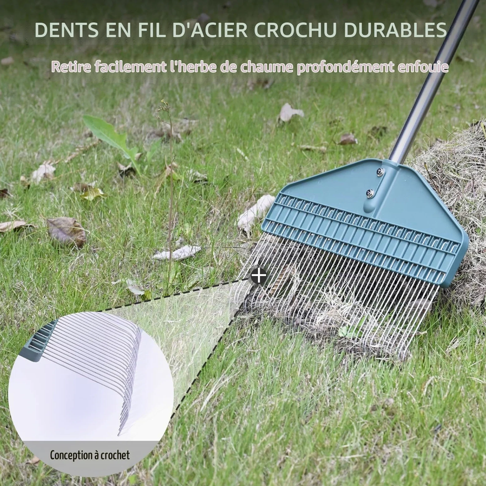 YEELOR Râteau à gazon, râteau pour feuilles, râteau de jardin avec tête de 43,2 cm – Poignée en acier inoxydable de 167,6 cm pour cour, pelouse, arbuste, parterres de jardin, poulailler