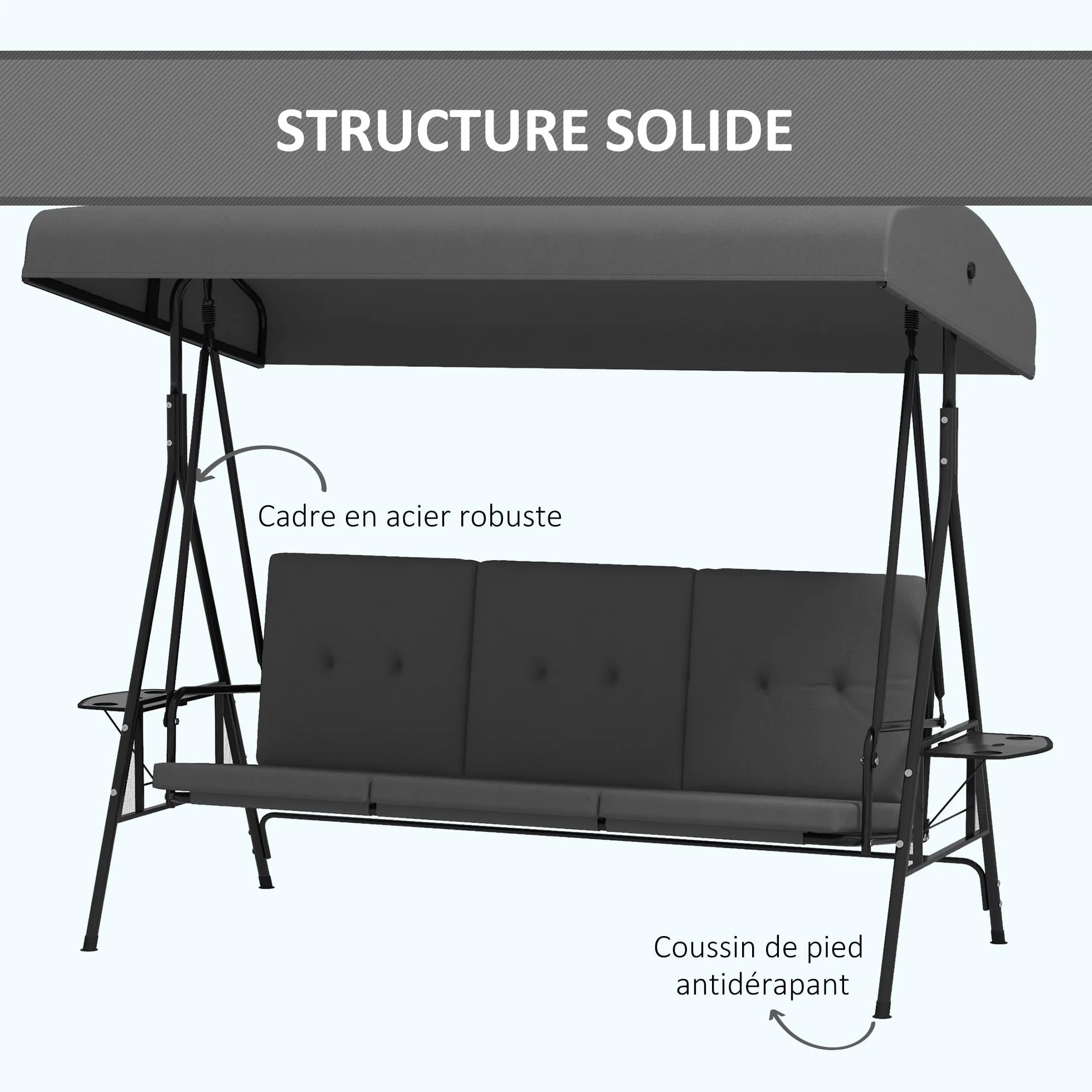 Outsunny Balancelle de Jardin 3 Places Grand Confort Toit réglable Acier Polyester Gris foncé