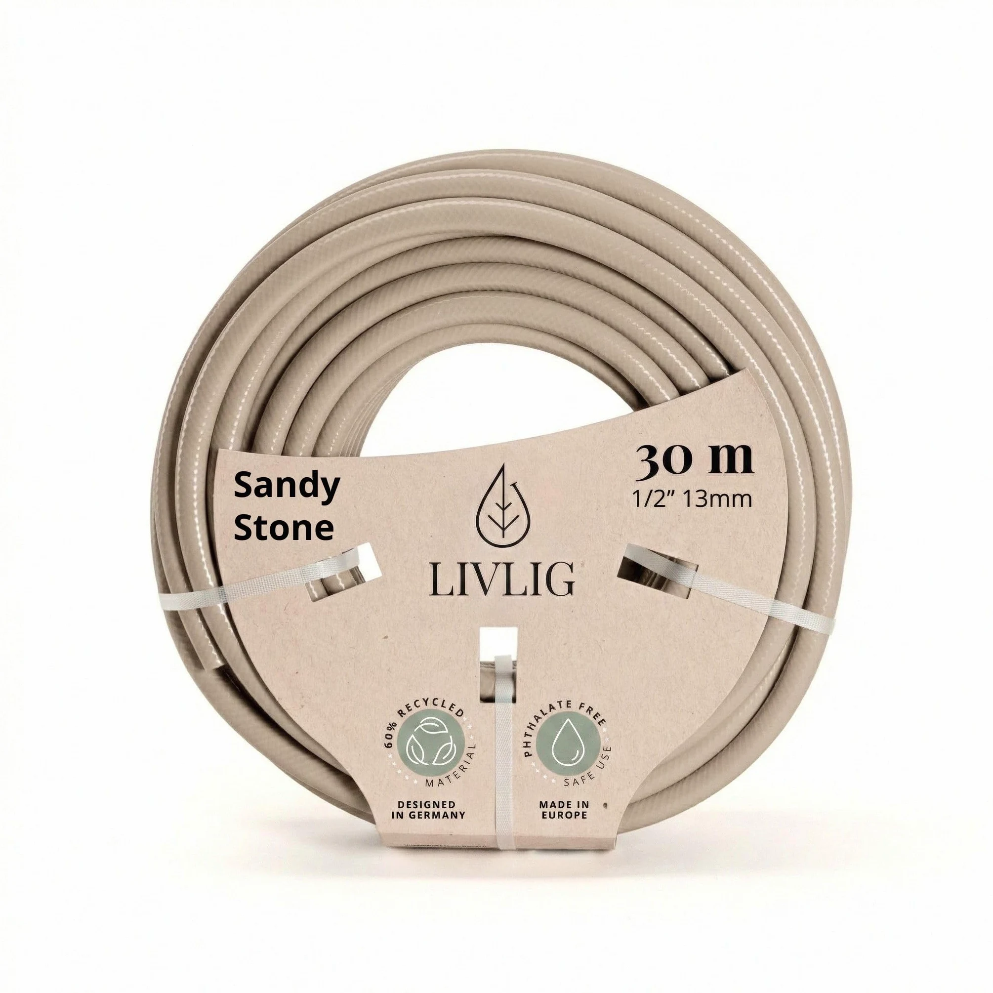 LIVLIG Tuyau d'Arrosage 30m Design – Tuyau Arrosage Flexible, 60% Recyclé, UV Résistant, Anti-Torsion, 1/2 Pouce, Beige