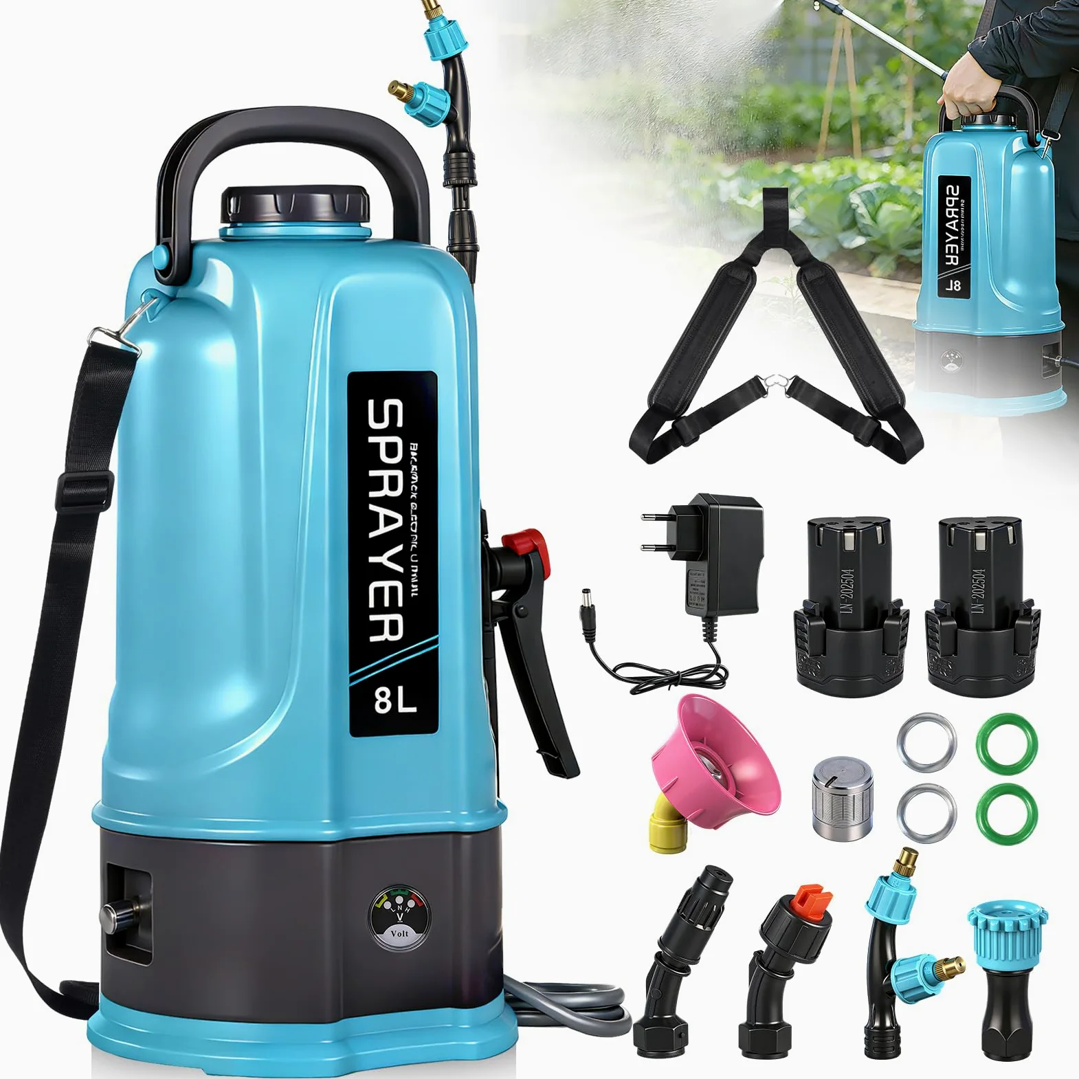 Pulverisateur Electrique 8L,45PSI Pulvérisateur de Jardin Compatible avec Makita 12V Batteries,Pulvérisateur à Batterie avec 5 Buses Reglables,Lance Télescopique,2.0 Ah Batterie,Chargeur