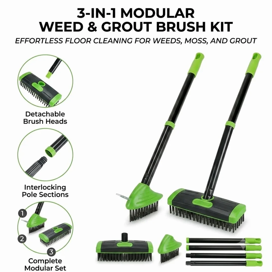 Ensemble de brosses désherbantes 3-en-1, Outil pour Joints de pavés avec Long Manche Amovible, Brosse métallique et grattoir pour terrasse, allée, Trottoir et Jardin (Black)