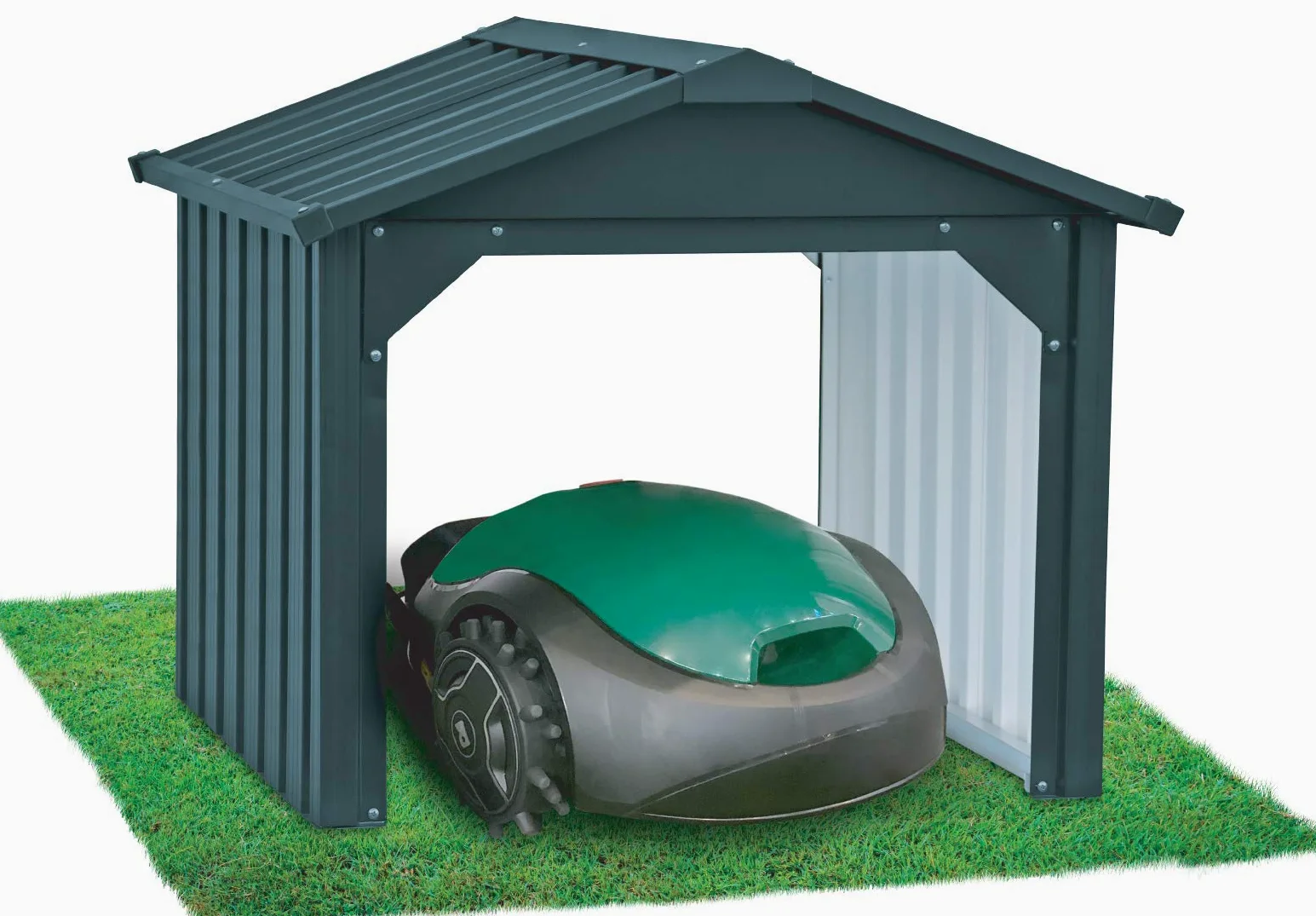 Duramax Garage pour Tondeuse à gazon robotisée en métal, ouvert, protège les tondeuses à gazon et les stations de chargement de batterie, Carport pour tondeuse à gazon robotisée