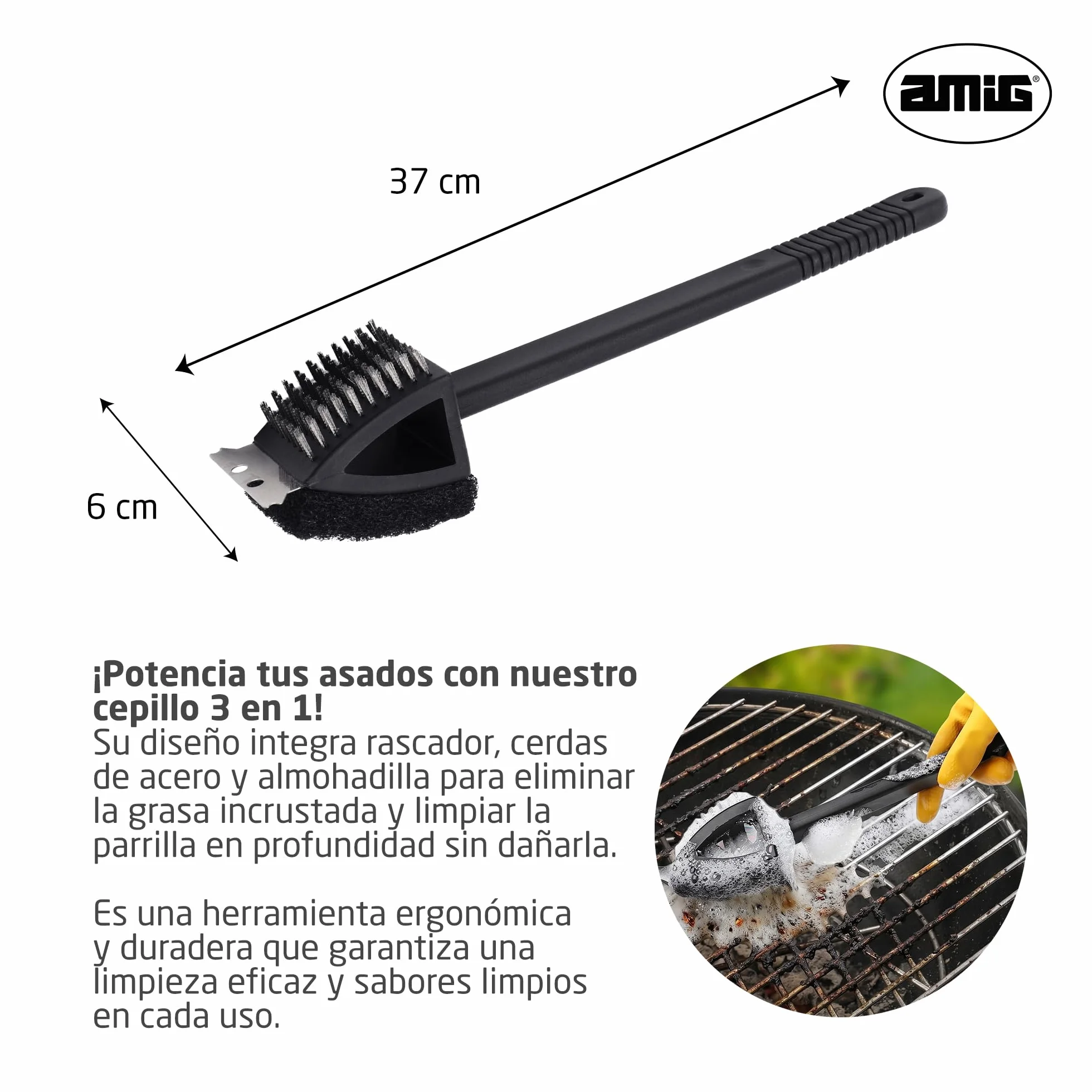 Amig Brosse de Nettoyage Barbecue 3 en 1 AM20 - Acier Inoxydable 201, 37 x 6 cm
