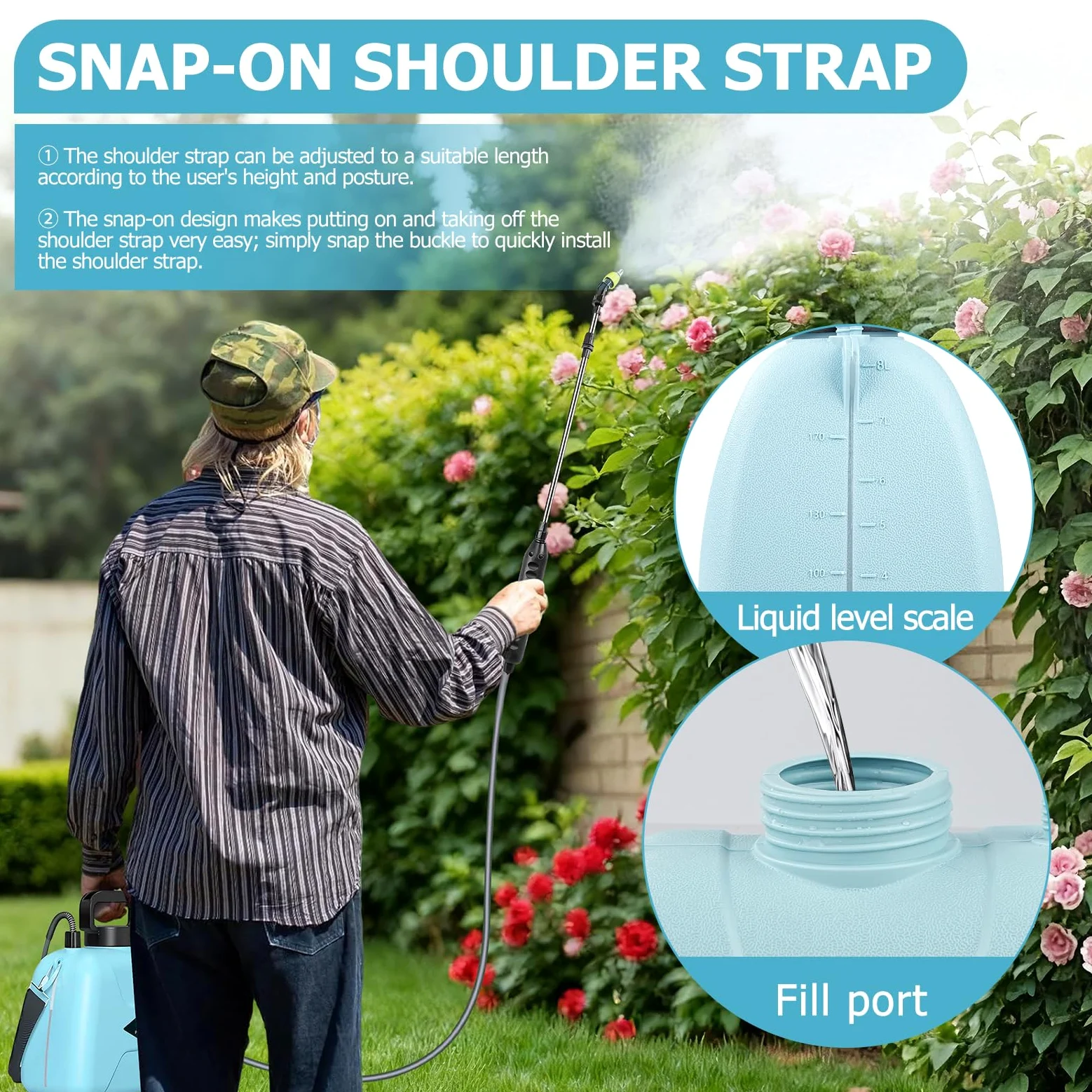 Pulvérisateur de Jardin Électrique de 8 litres, Pulvérisateur à Pression sans Fil, Capacité de Désinfection et d'arrosage pour Désherbage, Jardin et Lavage de Voiture(1500 mAh)