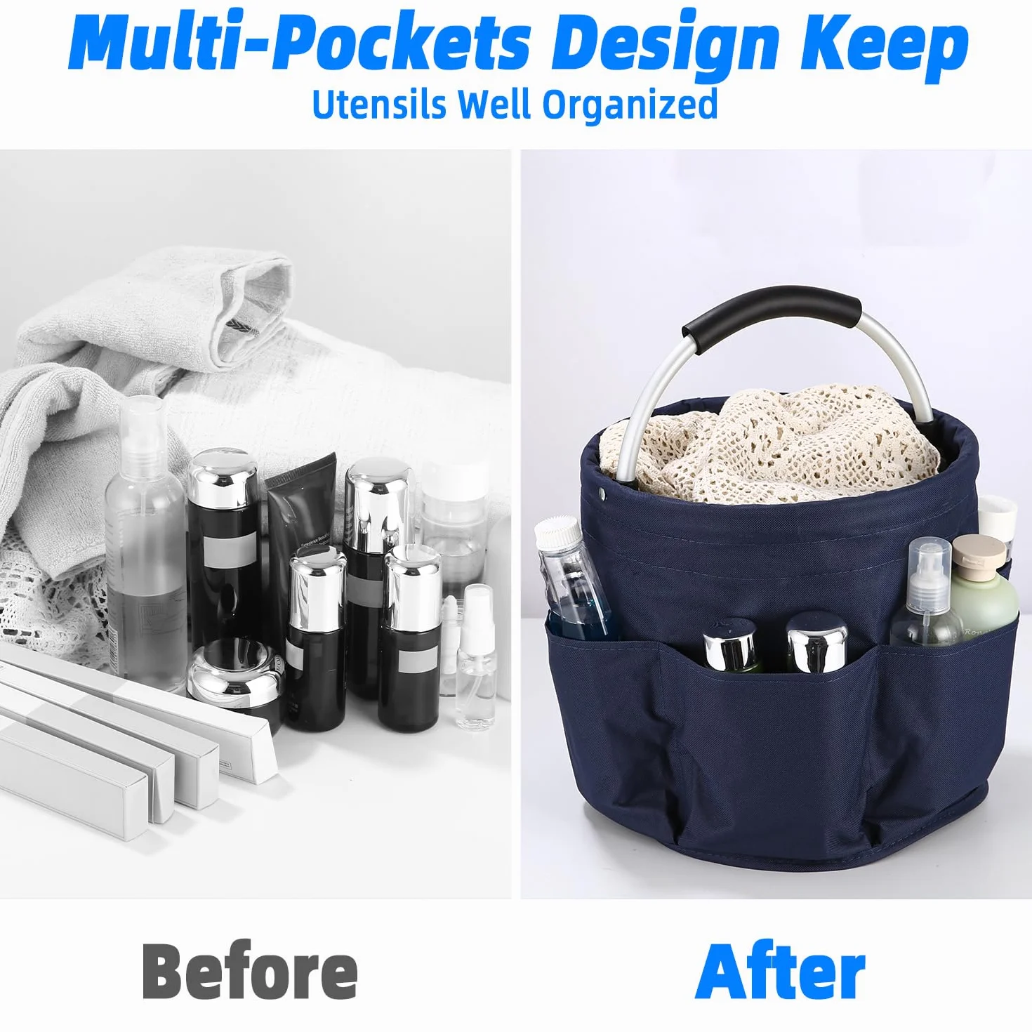 Organiseur de Nettoyage Multi-Poches Pliable 6 Compartiments Bleu