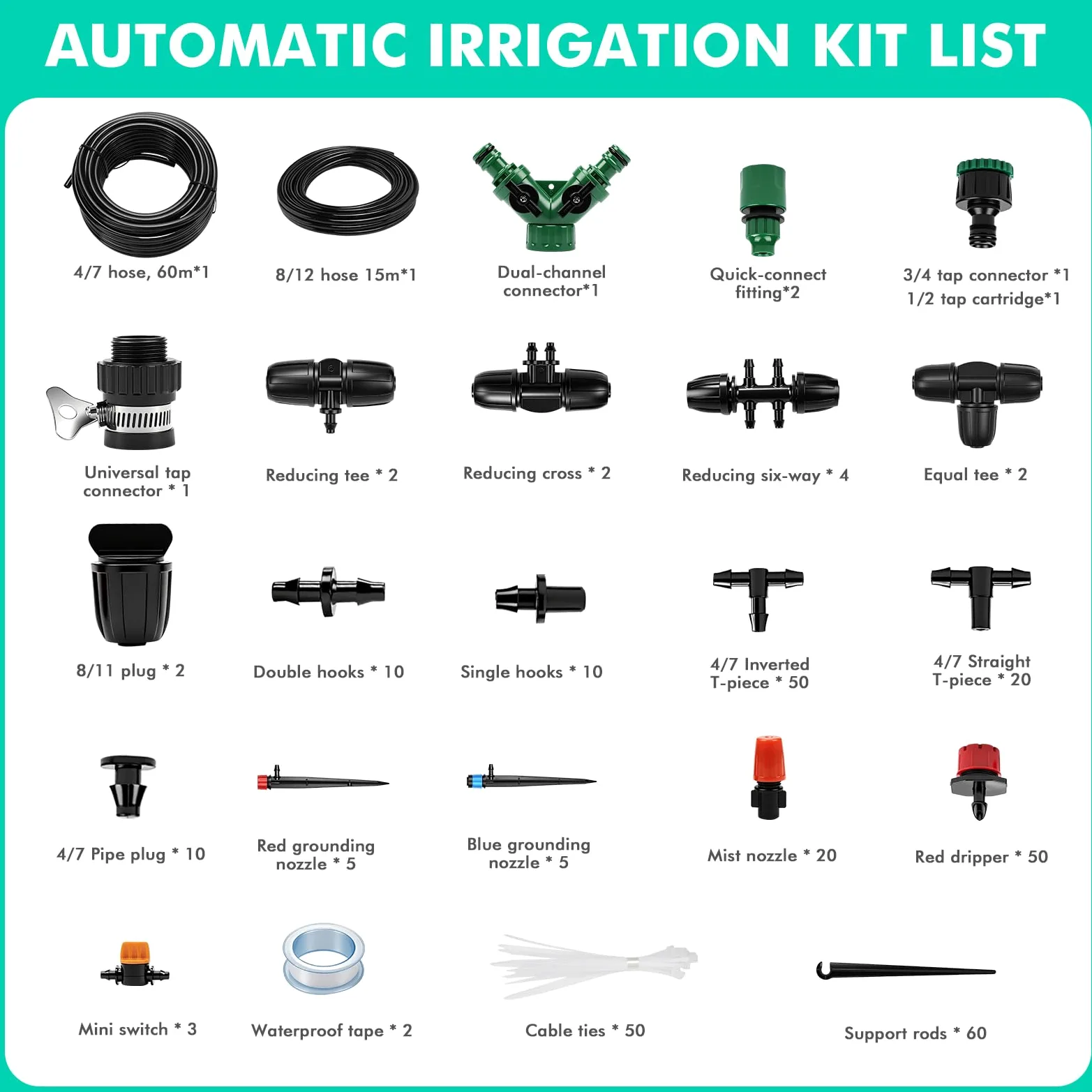 Nikou Kit d'irrigation de jardin 315 pièces, kit d'irrigation de jardin, 60 m + 15 m, tuyau d'arrosage automatique par goutte, système de refroidissement pour paysage, plantes, serre