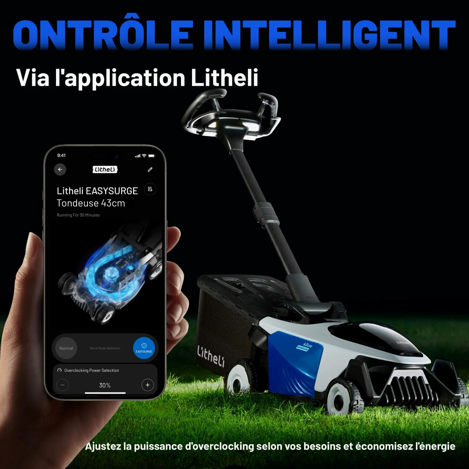 Litheli Easysurge Tondeuse à Gazon sans Fil 43cm, 2X 20V Batteries 4.0Ah, Autotractée (2,2-4,7 km/h), Bac 50L, 25-75 mm Hauteur Réglable, pour Pelouses jusqu'à 500m²