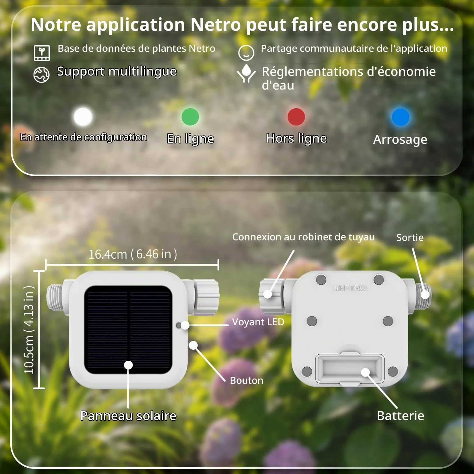 Netro Pixie Minuterie Intelligente pour Tuyau, Connexion WiFi, Alimentation Solaire, S’adapte aux intempéries