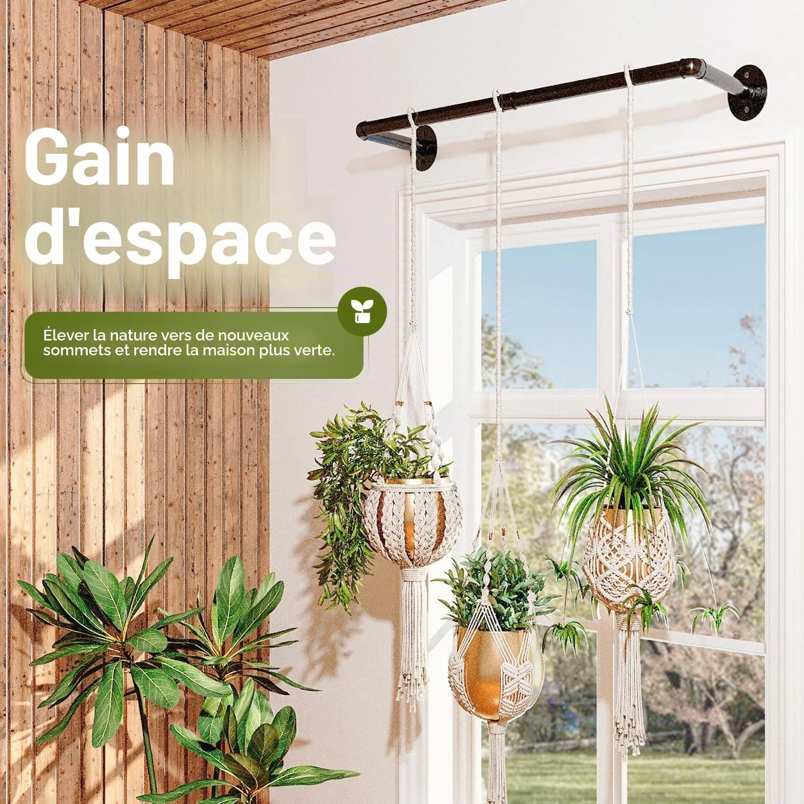 Bamworld Porte-Plantes Suspendues 92 cm Tringle Murale Métal