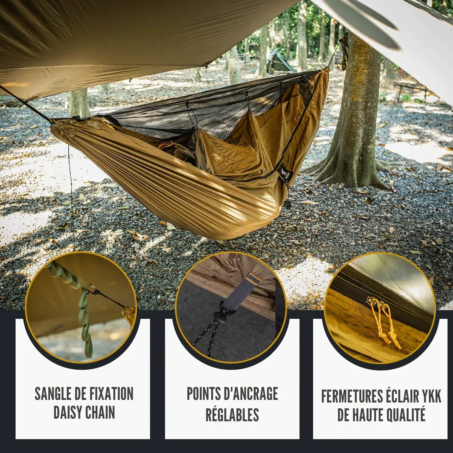 OneTigris KOMPOUND hamac de Voyage 1 Personne hamac extérieur avec moustiquaire |Emballage MODULAIRE 260x130cm(Coyote Brown)