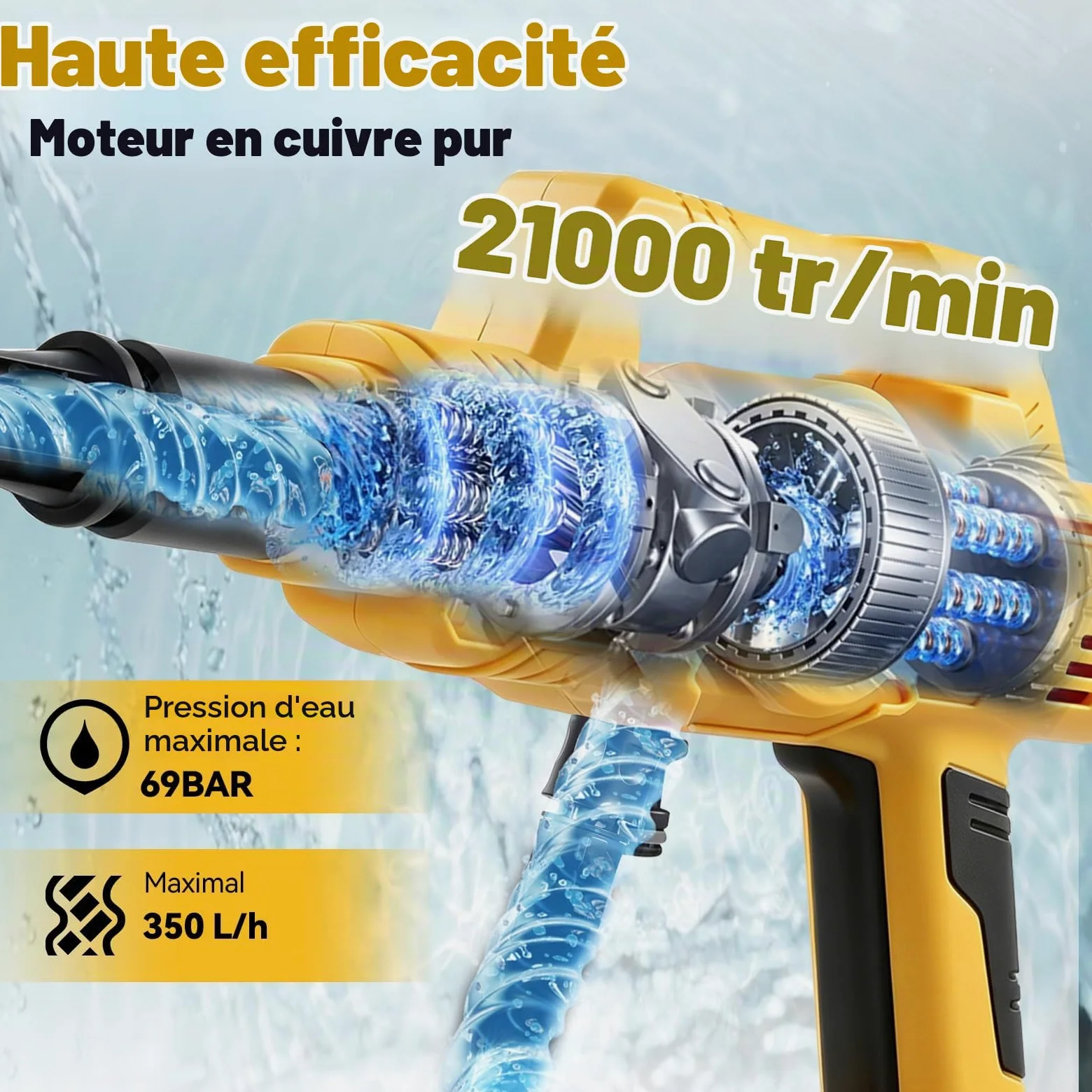 Nettoyeur haute pression sans fil compatible avec Dewalt 18/20 V, 21 000 tr/min, 69 bar, nettoyeur haute pression portable avec buse 6 en 1 pour nettoyer les sols, clôtures et murs de voiture, jaune