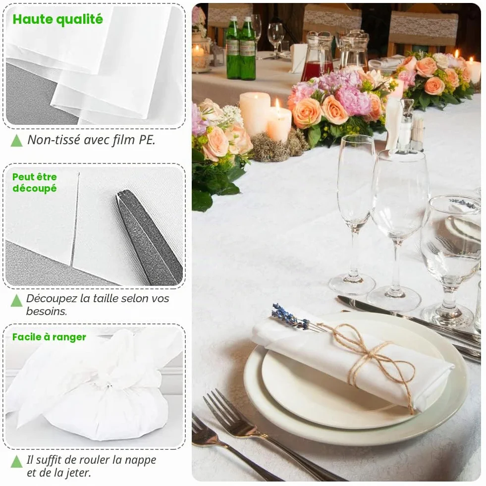 Nappes Jetables 150x280cm Imperméable PEVE Blanche Lot de 10 pour Fête Pique-Nique