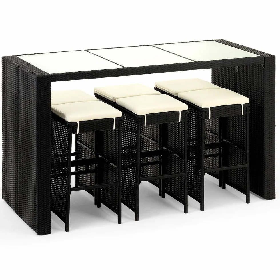 Deuba Bar de Jardin 6+1 en Polyrotin Noir avec Coussins Ensemble Table et Tabourets d'Extérieur