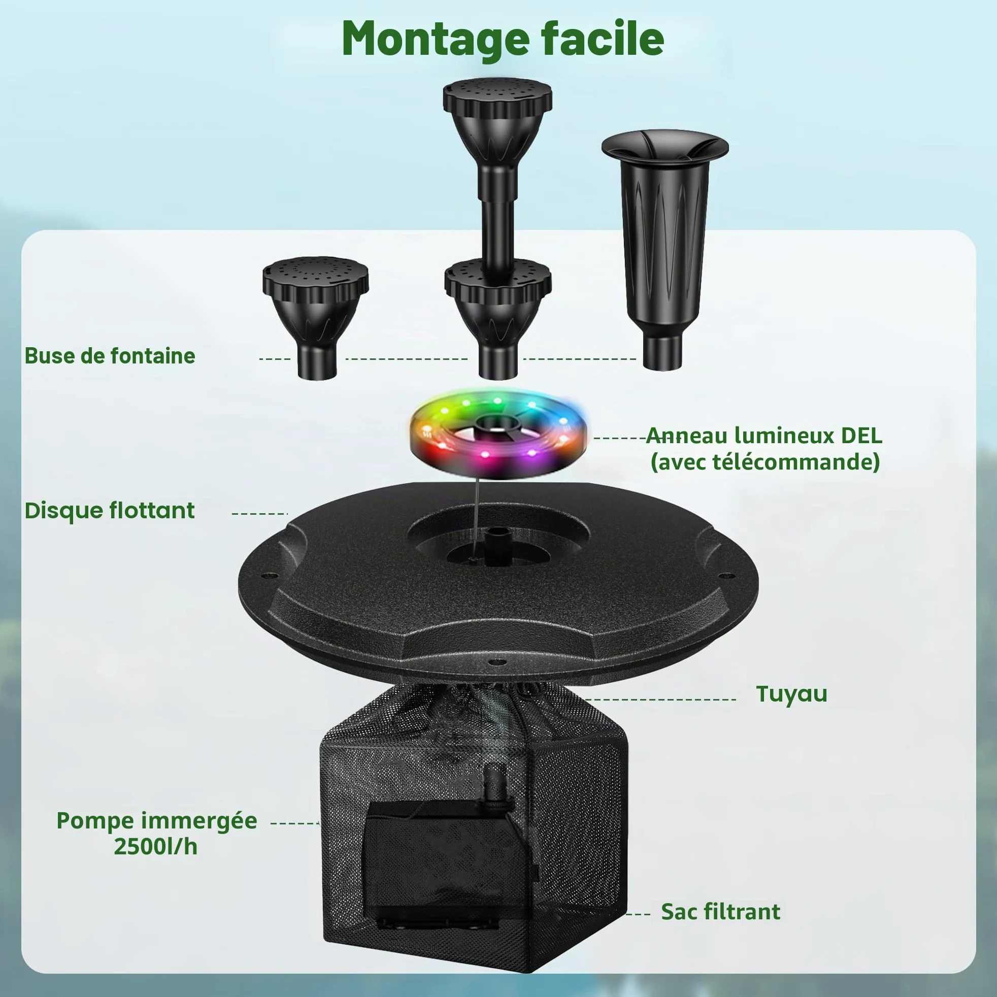 Biling Fontaine flottante avec éclairage LED pour grand bassin de jardin, fontaine de bassin avec pompe de 2500 l/h, câble de 9 m avec prise européenne, jeu d'eau avec 3 modes de fontaine (résistant