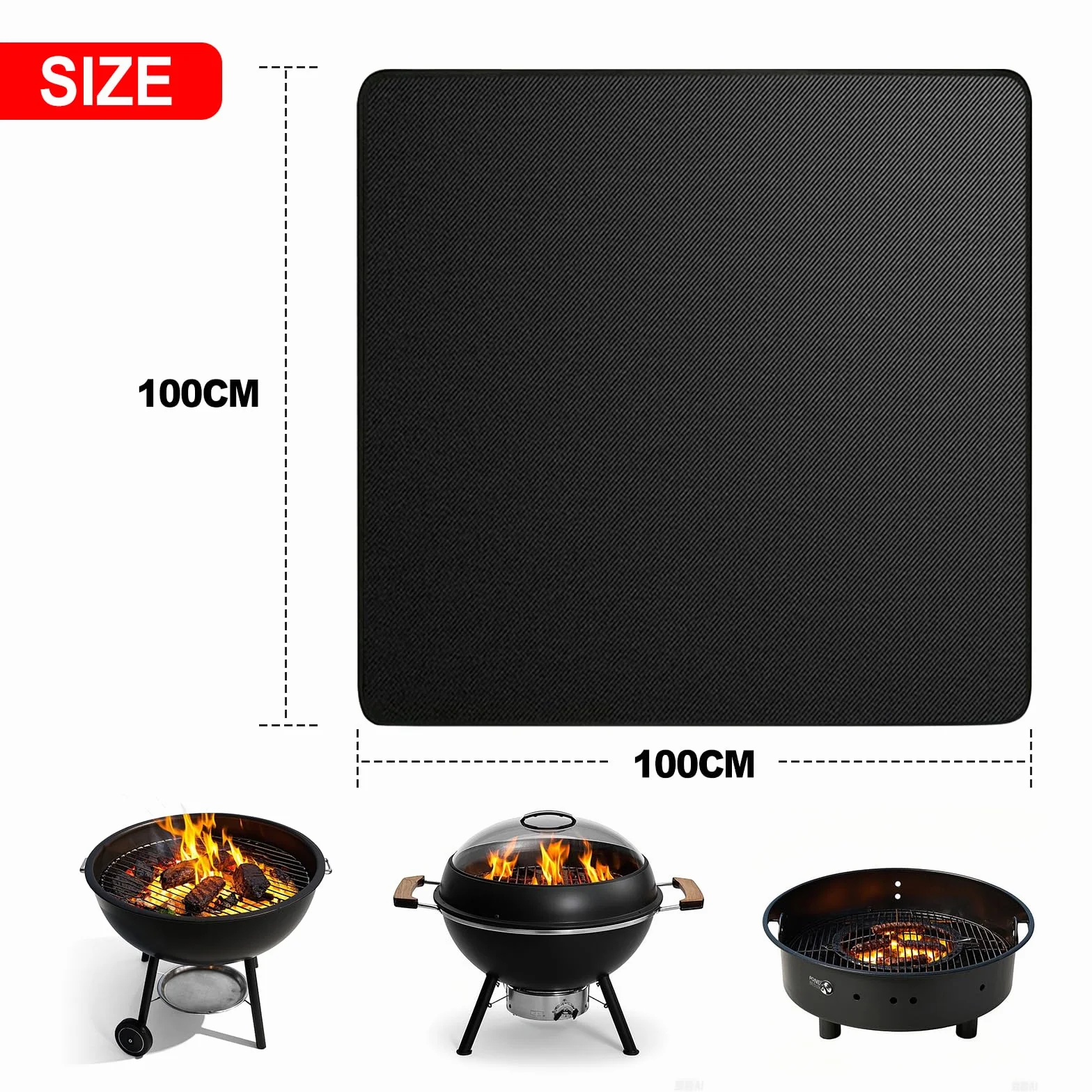 Tapis de brasero carré double face ignifuge résistant à la chaleur imperméable 100 x 100 cm noir