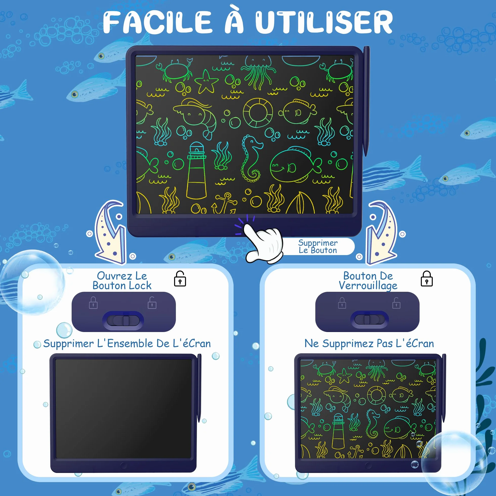 GIGART Tablette d'écriture LCD 15 pouces écran coloré effacement verrouillable cadeau anniversaire 3-12 ans bleu foncé