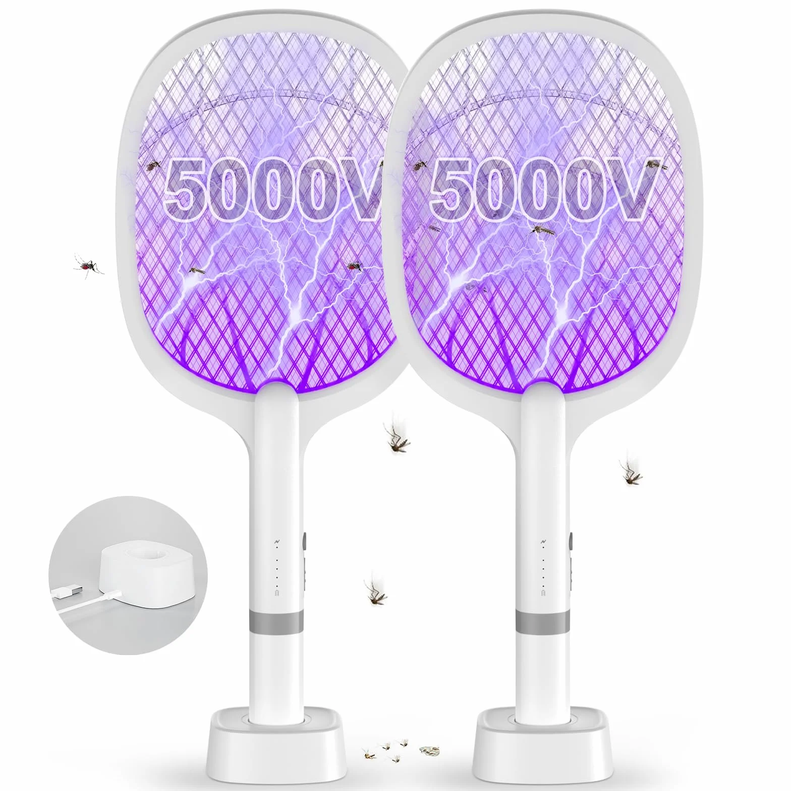 DANGZW Tapette à Mouches Électrique 5000V 2 en 1 2000 mAh USB Rechargeable avec Base de Chargement