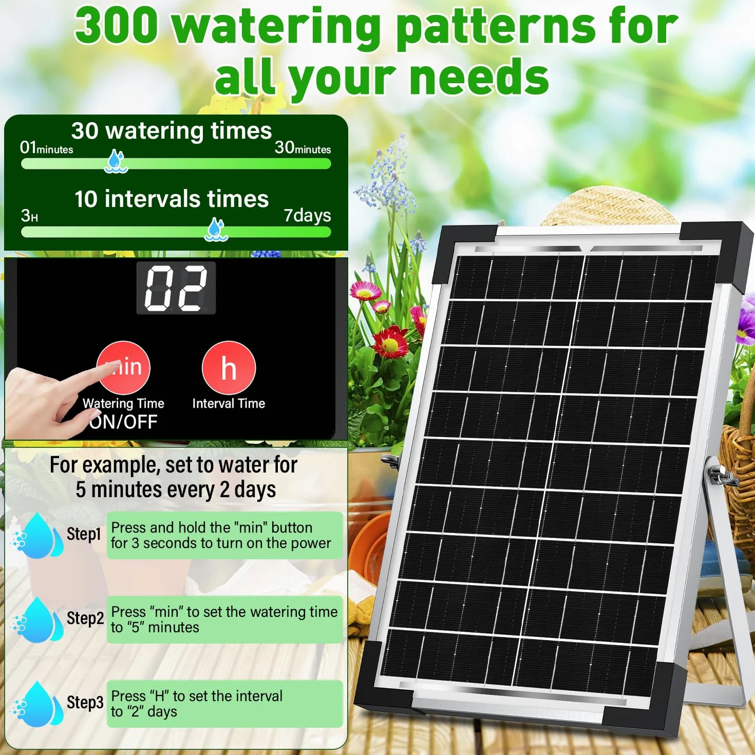 Onherm Arrosage Automatique Solaire pour 30 Plantes, 35M Tuyau et 300 Modes D’Irrigatio, Arrosage Goutte a Goutte Solaire Kit pour Jardin, Balcon et Plantes en Extérieur