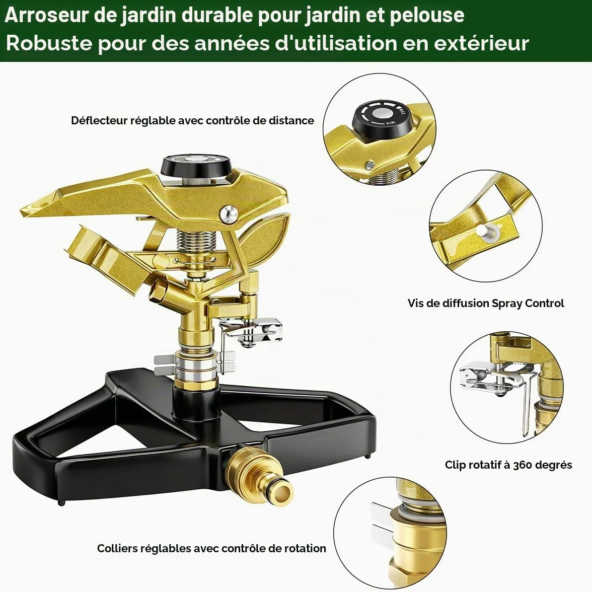 FANHAO Arroseur Lourd à Impact pulsé 360 degrés, avec Socle Métal Base, Couverture Jusqu’à 540 m². Idéal comme Asperseur Arrosage Jardin pour Pelouse, Plantes et Terrasse