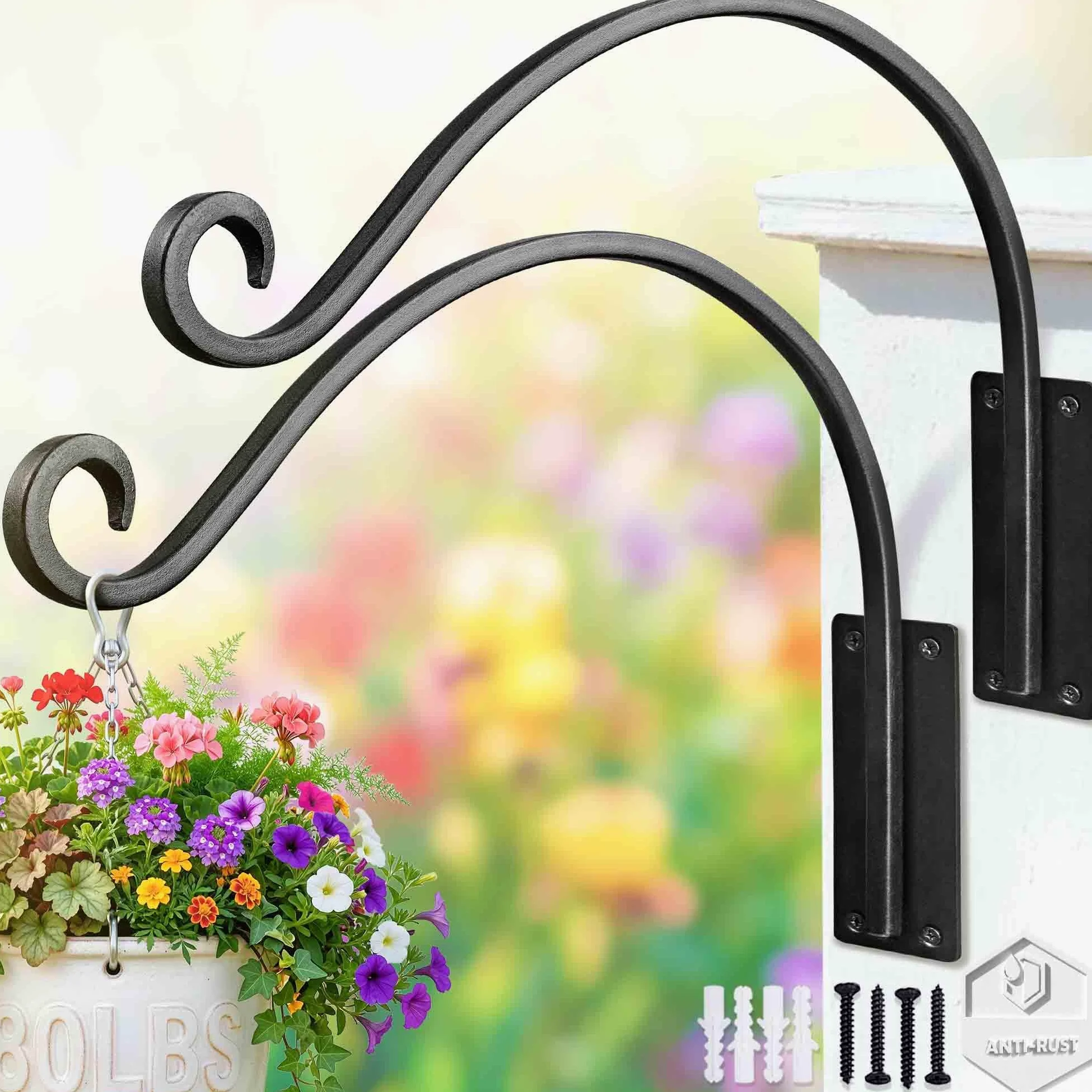 Qiang Ni Lot de 2 crochets de suspension pour plantes d'extérieur robustes : 40,6 cm pour paniers extérieurs – 2 supports muraux pour mangeoire à oiseaux