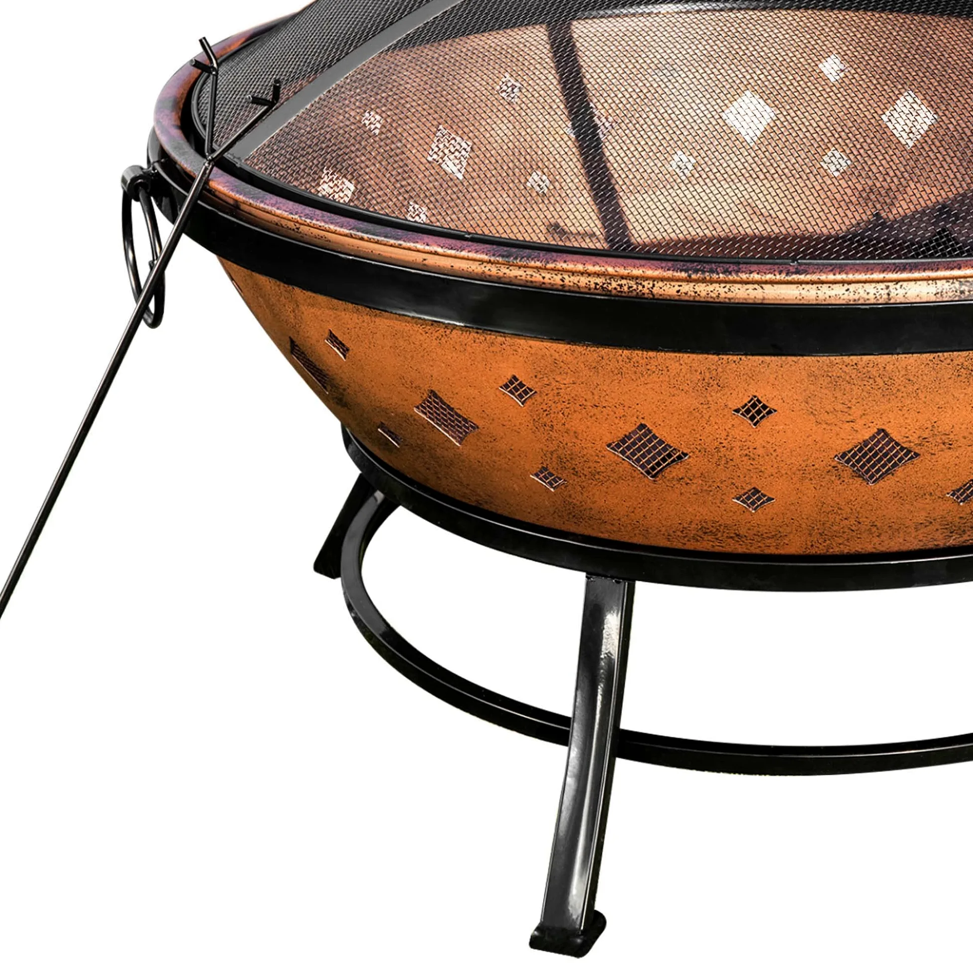 Braséro de Jardin à Bois Chauffage extérieur Acier Foyer Rond 89 cm Couvercle de Protection tisonnier cuivré Teamson Home FP35 | Foyer pour Extérieur