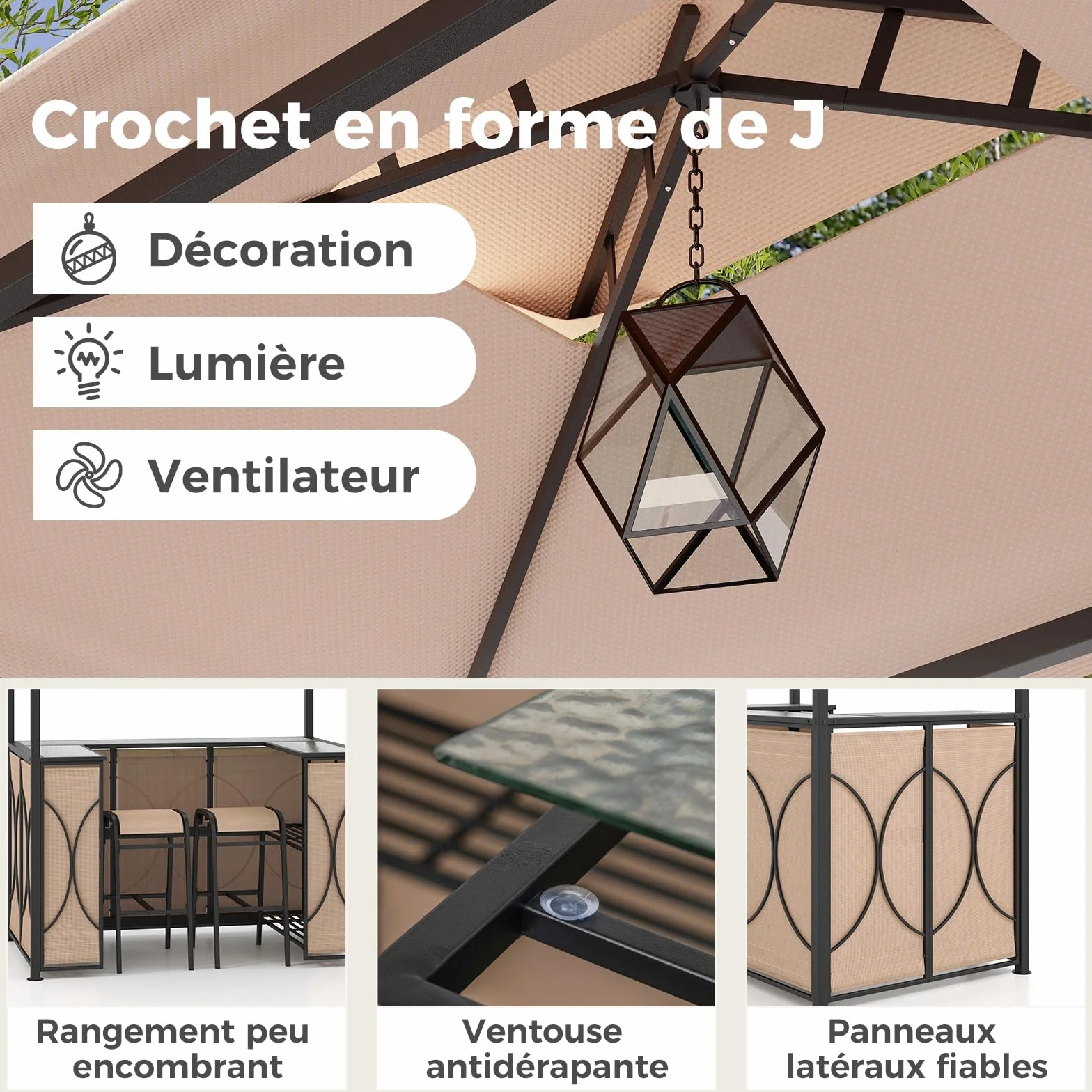 GOPLUS Abri Barbecue avec Bar d'Extérieur, Table de Bar en Verre Trempé, 2 Tabourets, 194 x 121 x 242 cm