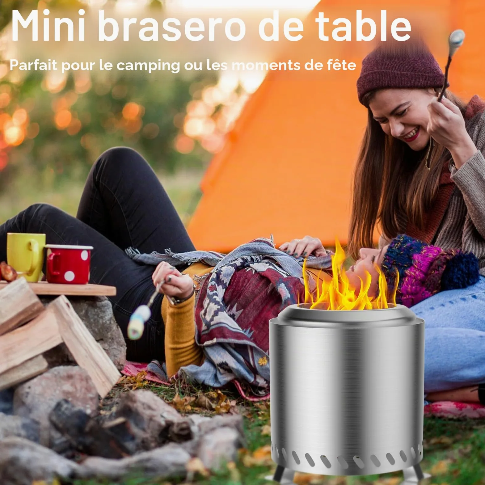 Brasero Exterieur de Jardin, Foyer sans fumée Acier Inoxydable 22x22x26cm Mini Corbeille à feu Tonneau de feu avec Pied et Sac de Rangement, Balcon Terrasse Jardin Déco, Idéal pour BBQ Pellets Bois