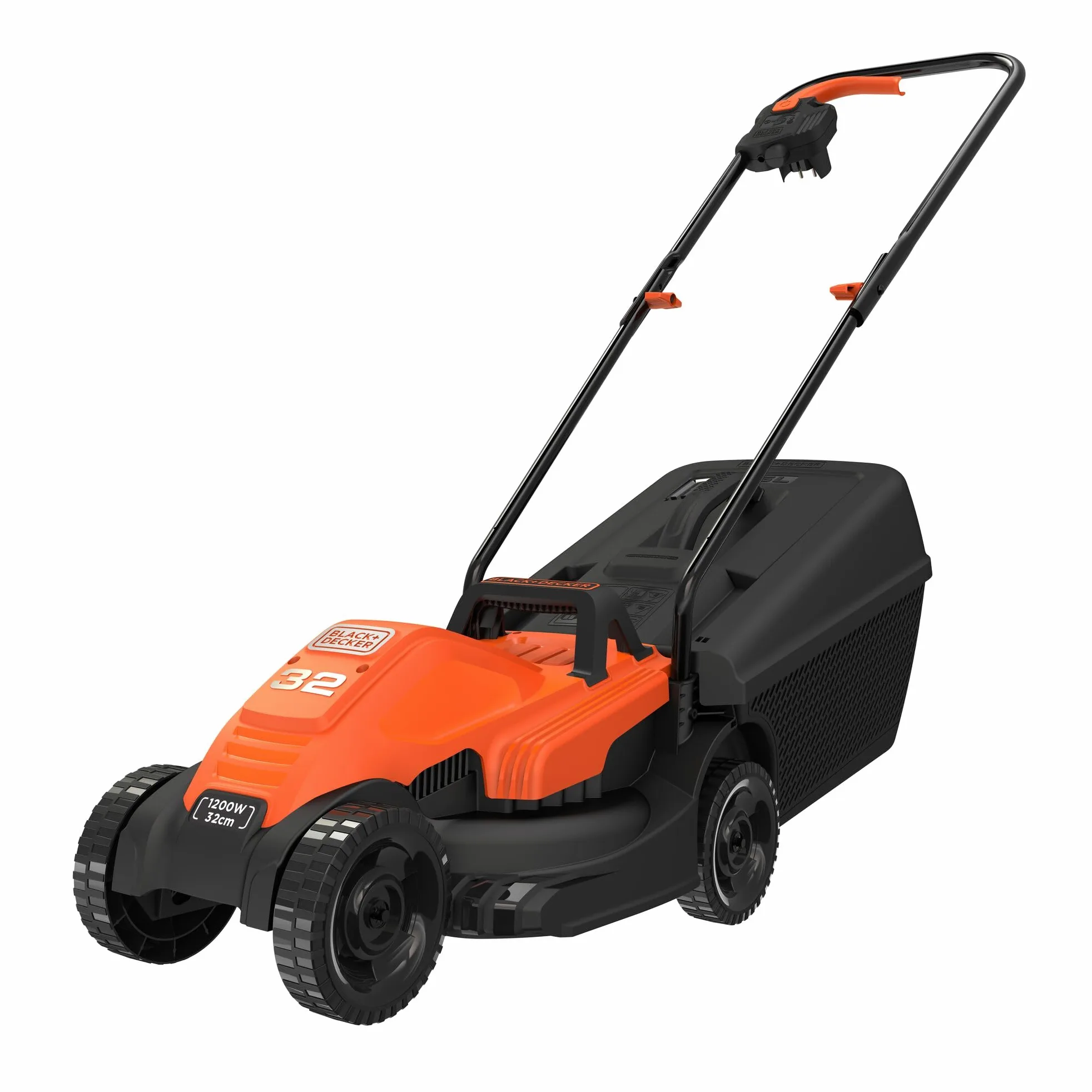 BLACK+DECKER Tondeuse Filaire 1200W, Tondeuse à Gazon 32 cm, 3 hauteurs réglables 23, 43 et 63 mm, Idéale Jusqu'à 300 m², Lame à Ailettes pour un Broyage et Hachage Optimal, BEMW451-QS Orange