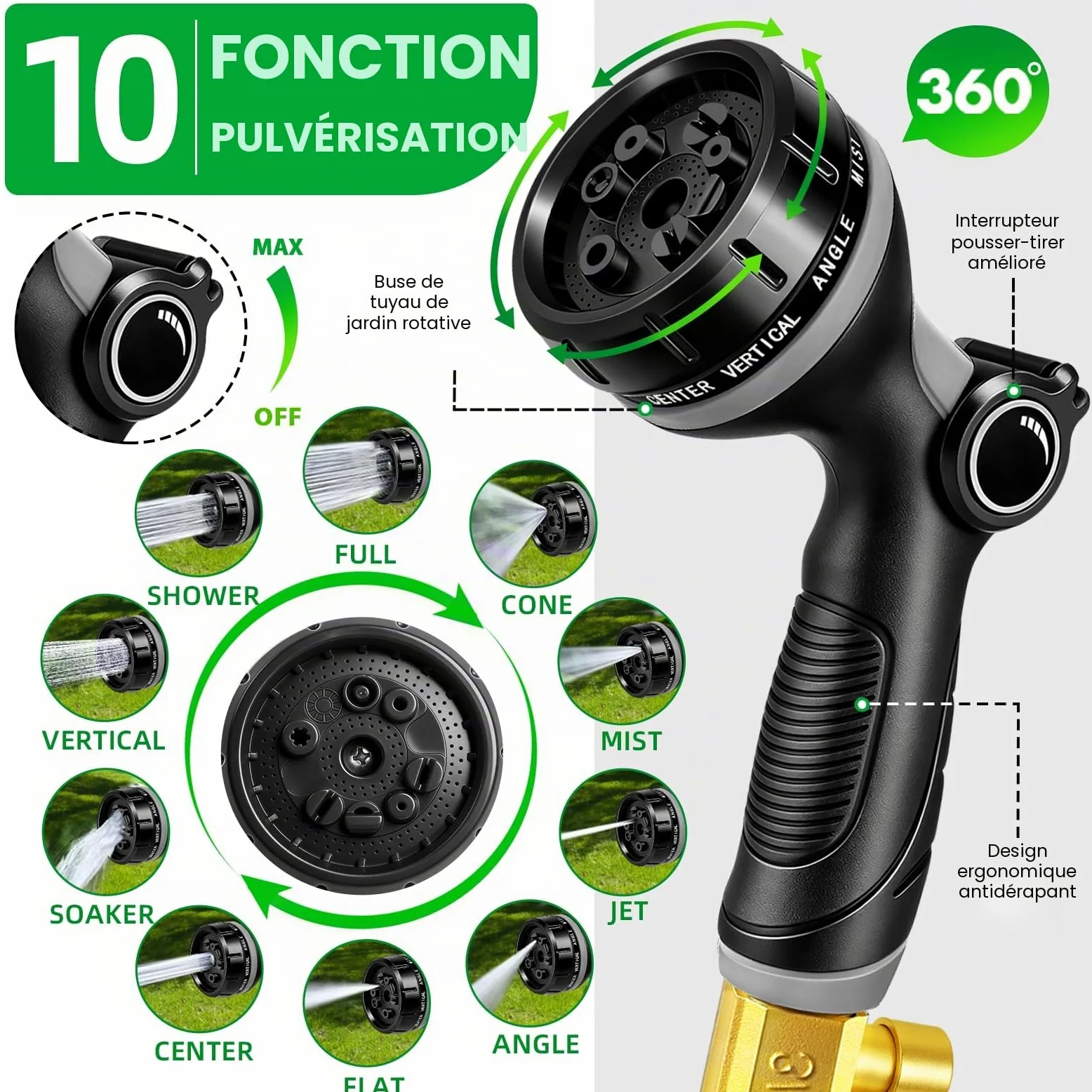 Tuyau Arrosage Extensible 45m, Tuyau d'arrosage Retractable avec 1/2" et 3/4" Adaptateur, Tuyaux d'arrosage avec 10 Modèles de Pulvérisation pour Jardin Irrigation Nettoyage Laver la Voiture